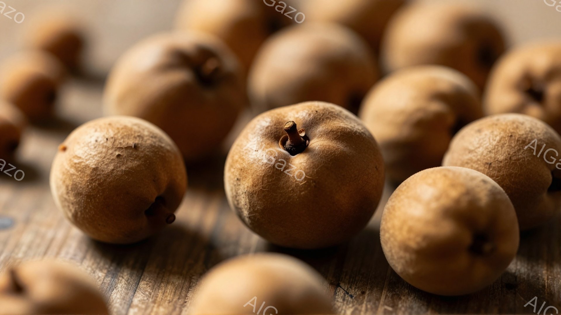画像には、茶色いビワの実が木製のテーブルの上に散らばって写っています。それぞれに小さな茎があり、表面にはわずかな質感が見られます。暖色系の背景と実の自然な色合いが、素朴で温かみのある雰囲気を醸し出して - AI生成フリー素材