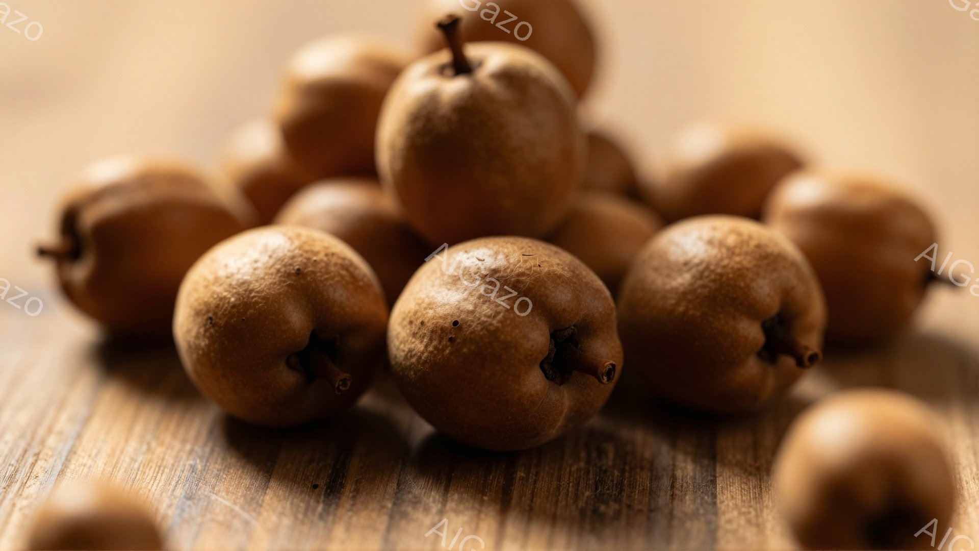 表面に小さな傷がある丸いビワの果実が、木製のテーブルの上に密集して置かれています。果実は茶色みがかったオレンジ色で、一部に緑色が残っています。背景はぼやけた木目で、温かく素朴な雰囲気が漂っています。
