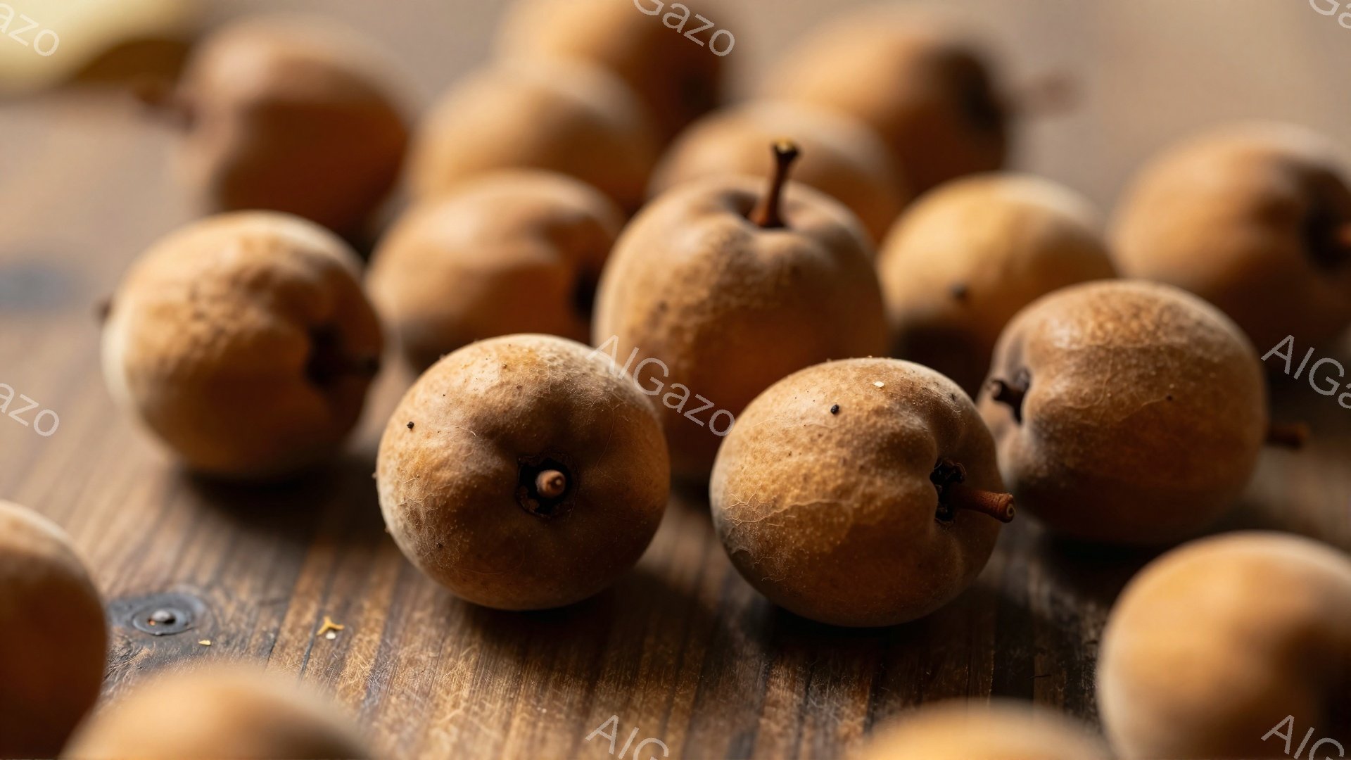 画像には、木製の板の上にびっしりと並んだビワの実が写っています。それぞれのビワは茶色っぽく、表面には小さな斑点が見られ、実の上部には短い茎がついています。背景の木目は暖かく、全体的に落ち着いた、素朴な雰囲気を醸し出しています。