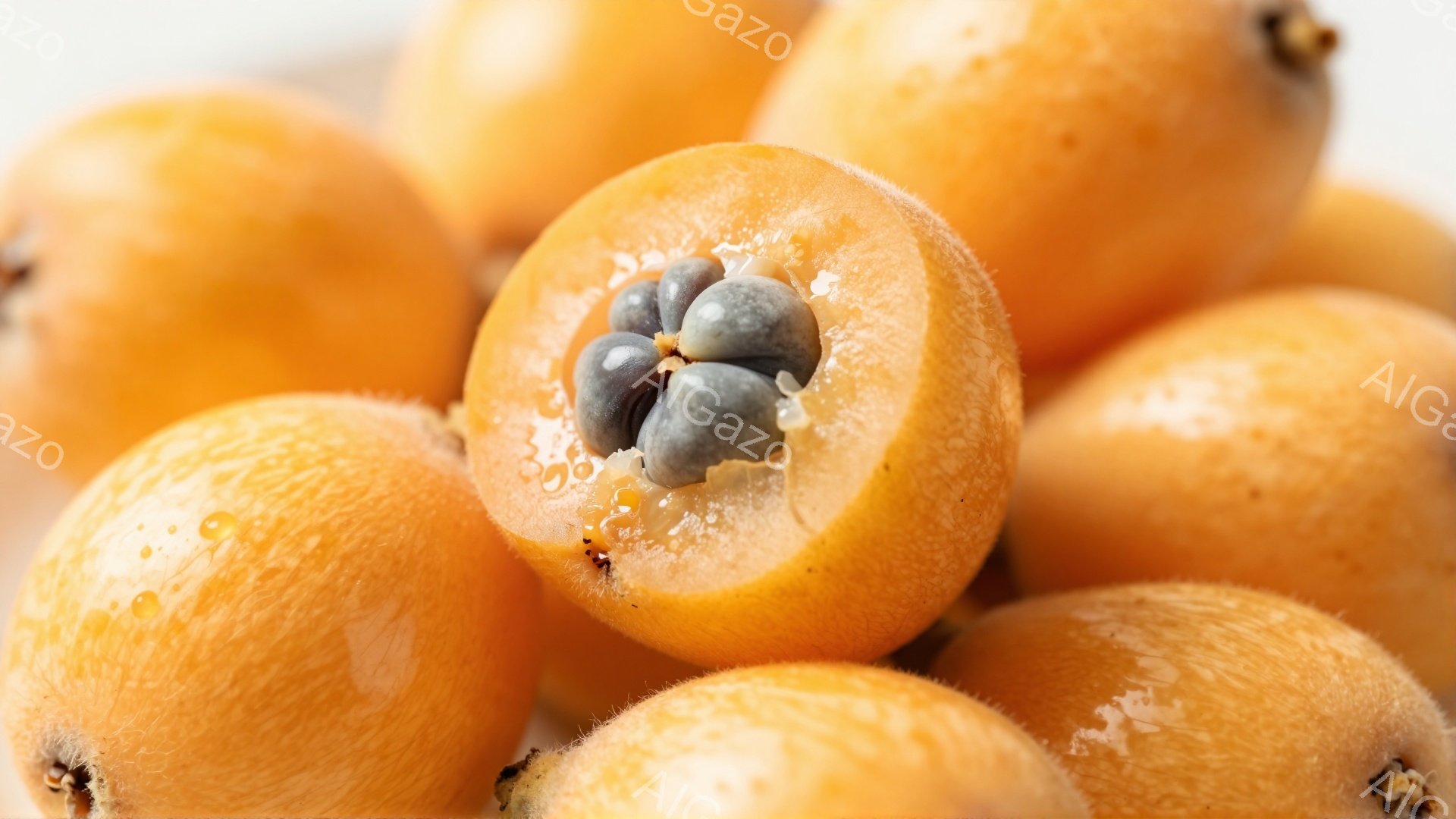 画像には、丸いオレンジ色の果物が密集して写っています。一つは半分に切られており、黒い種が見えます。背景は白く、果物だけが際立って見えます。 - AI生成フリー素材