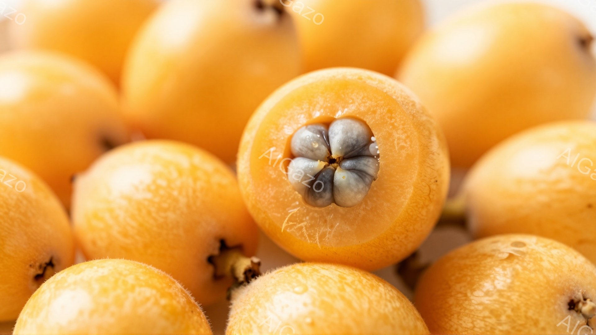 画像は、切り開かれたビワの断面を中心に、周囲に複数のビワが写っています。明るいオレンジ色の果肉と、種子の配置がはっきりと見え、瑞々しさを感じさせます。全体的に暖色系の色調で、みずみずしい果実の自然な美 - AI生成フリー素材