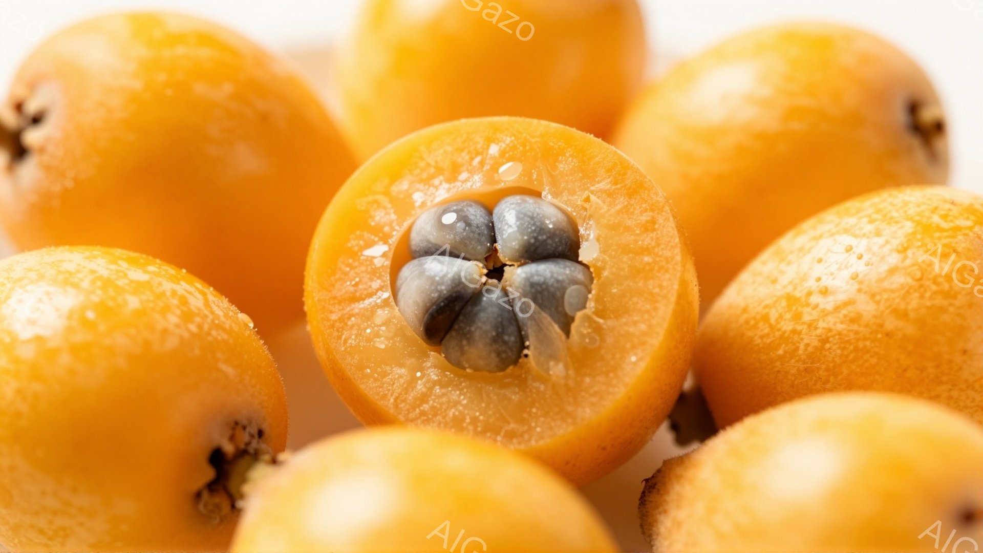 鮮やかなオレンジ色のビワが複数、白い背景に配置されています。一つは半分にカットされており、種がはっきりと見えます。全体的に明るく、みずみずしい印象を与えます。