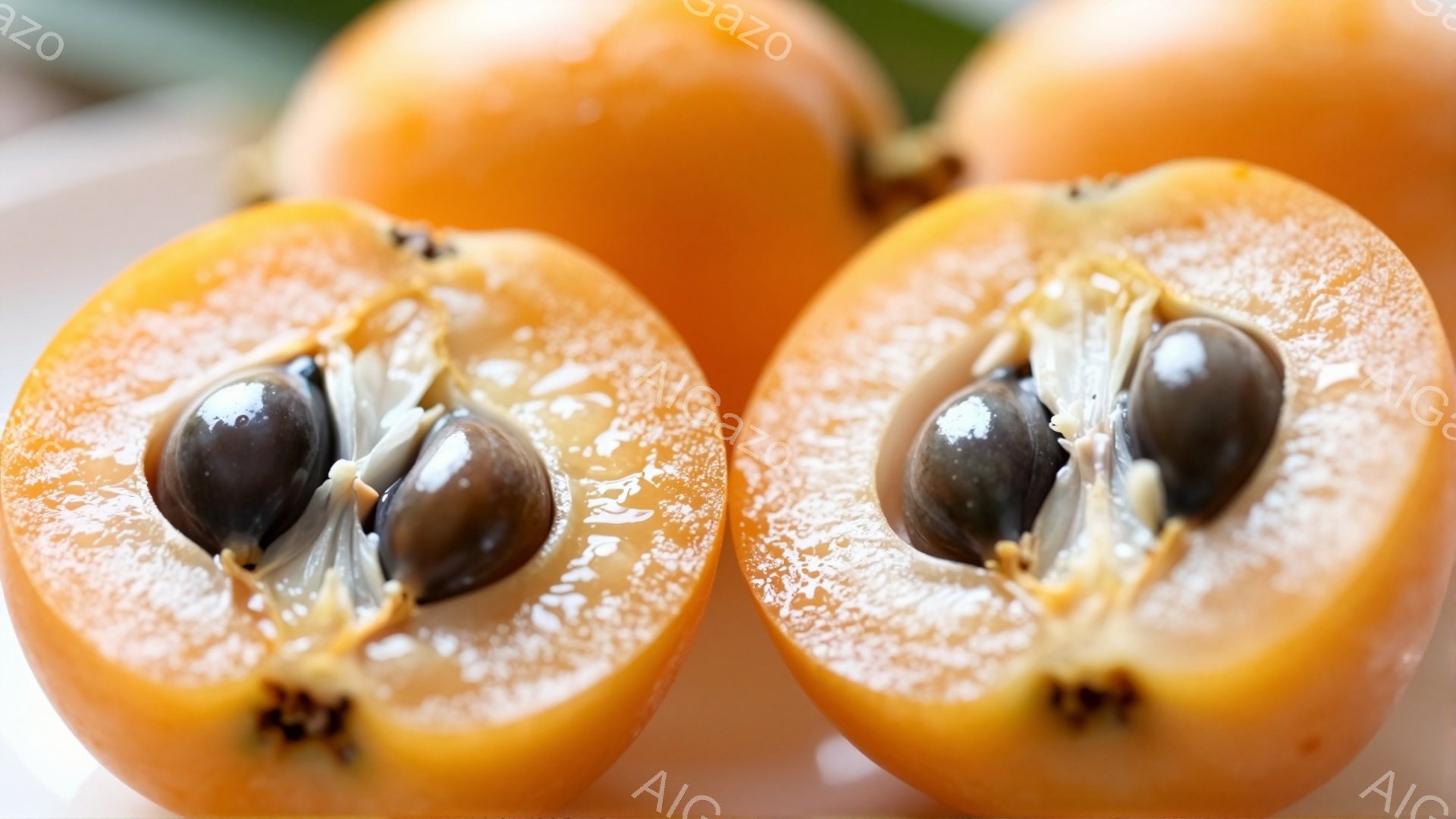 画像には、半分に切られた柿が2つ並んでいます。鮮やかなオレンジ色の果肉には、小さな黒い種が点在し、表面には白い霜のようなものがかかっています。背景はぼやけており、明るい光が当たっている様子から、新鮮で美味しそうな柿が強調されています。