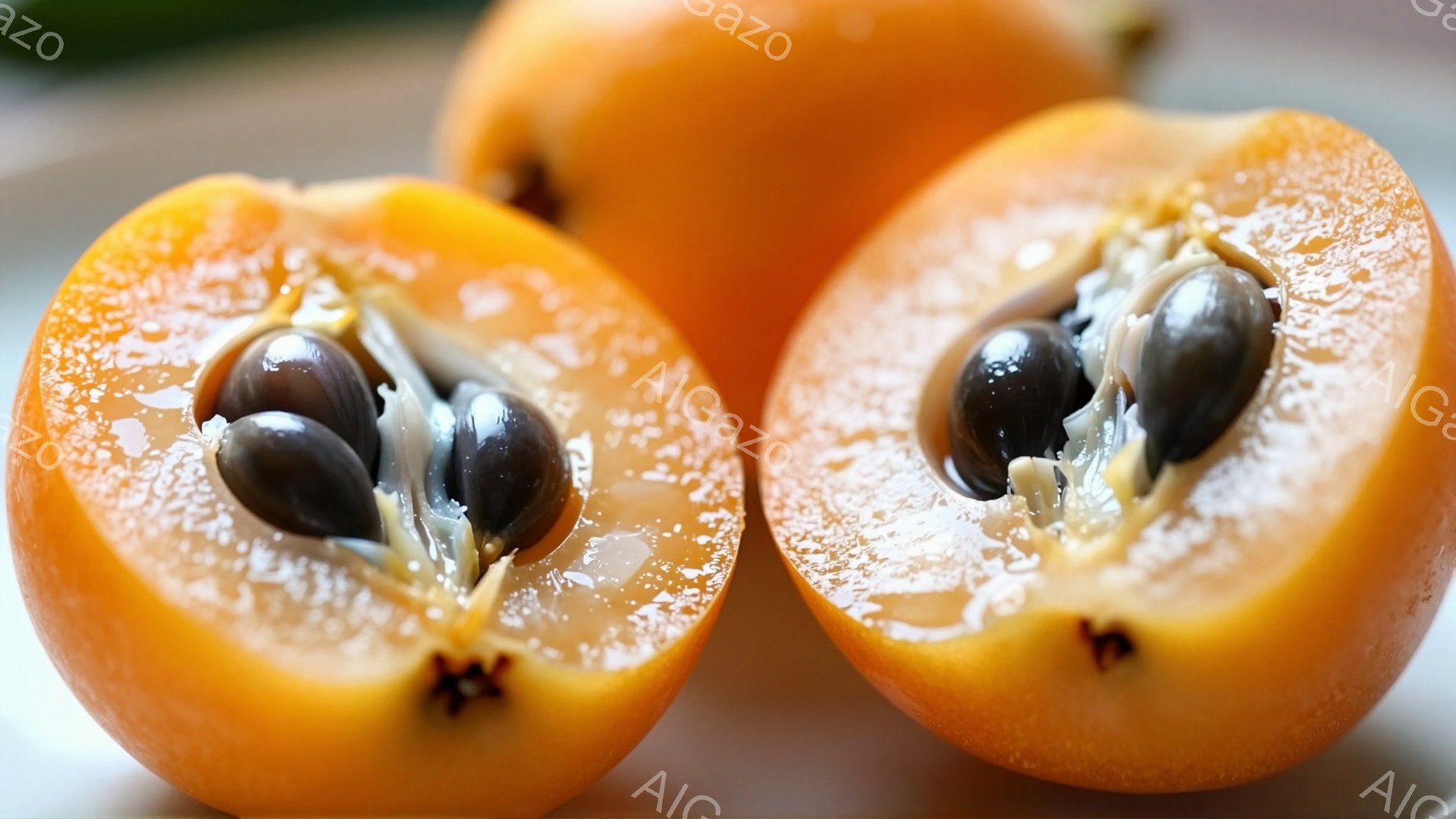 鮮やかなオレンジ色の柿が半分にカットされ、種が露出しています。柿の果肉は瑞々しく、表面には小さな水滴が見られます。背景はぼやけており、柿の鮮やかさを際立たせています。