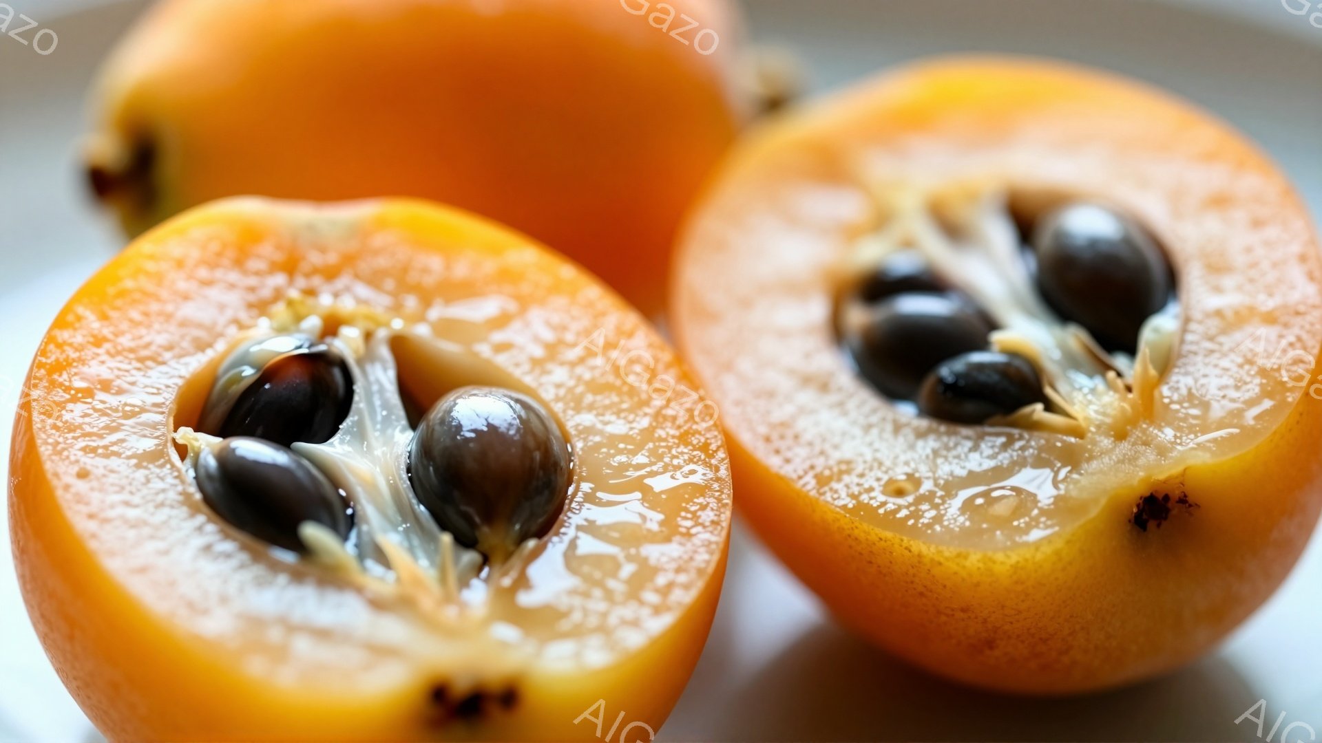 鮮やかなオレンジ色の柿が半分にカットされ、種が露出した状態がクローズアップで写っている。柿の果肉は水分を含んでおらず、少し固めで、種は黒く、細い繊維で繋がっている。背景は淡いグレーで、柿の鮮やかな色が際立っており、全体的にシンプルで自然な雰囲気を醸し出している。