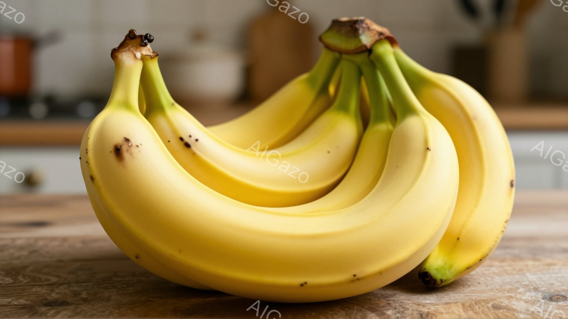 画像には、茶色っぽい木製のテーブルの上に置かれた、熟したバナナの房が写っています。バナナは黄色く、所々に小さな茶色い斑点があり、全体的に丸みを帯びた形をしています。背景はぼやけていますが、キッチンの一 - AI生成フリー素材