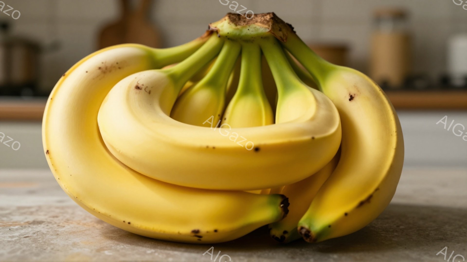 鮮やかな黄色のバナナが、お互いに重なり合って山のように積み重なっている。背景にはぼやけたキッチンの様子が見え、明るい光がバナナを照らしている。全体的に、新鮮で健康的な印象を与える静物画である。