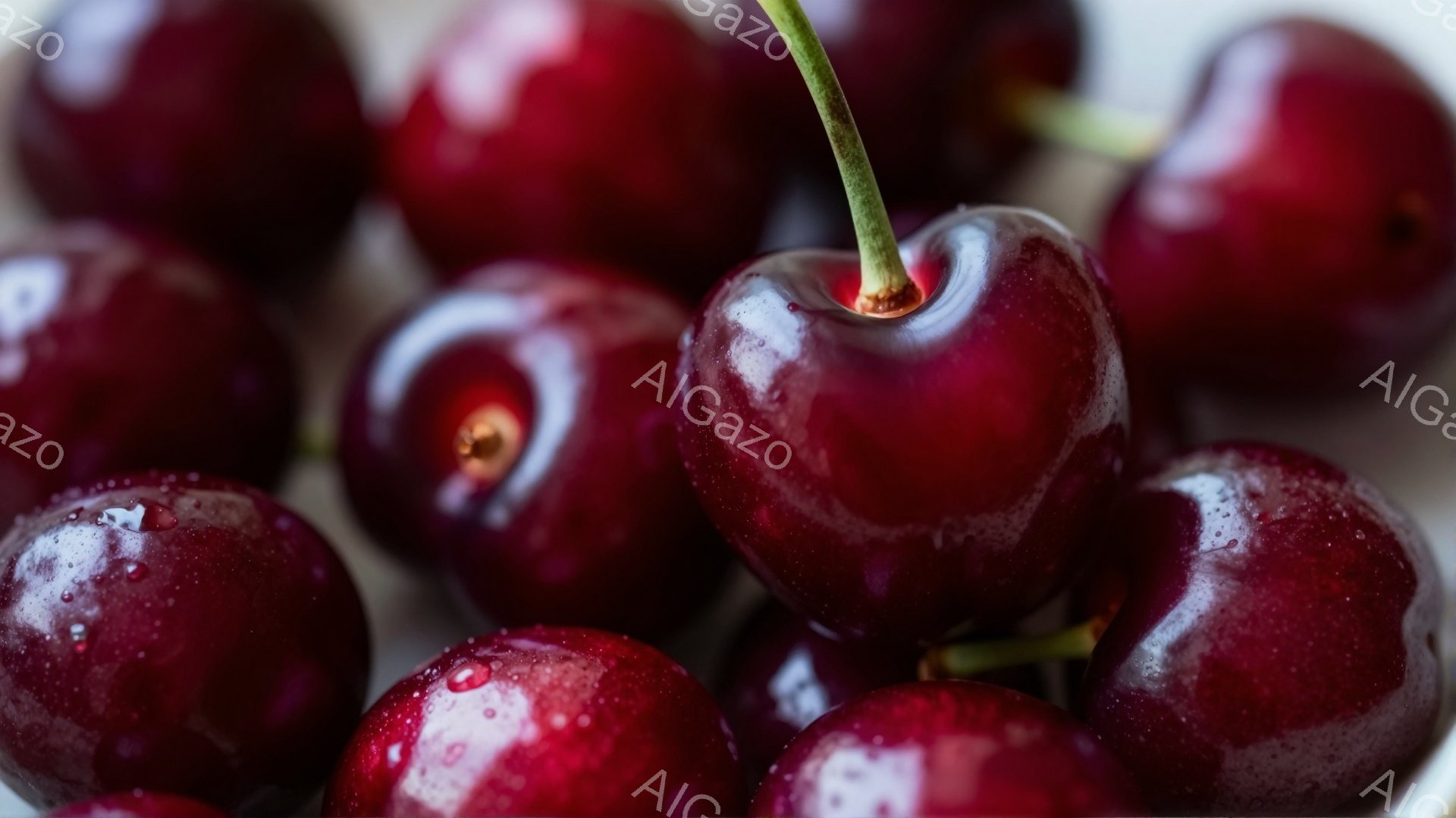 深紅色のチェリーが密集して写っており、表面には水滴が付いている様子が鮮やかに捉えられています。光沢のある果皮と濃い赤色が食欲をそそり、新鮮さとみずみずしさを感じさせます。背景は白っぽくぼやけており、チェリーそのものが強く印象づけられています。