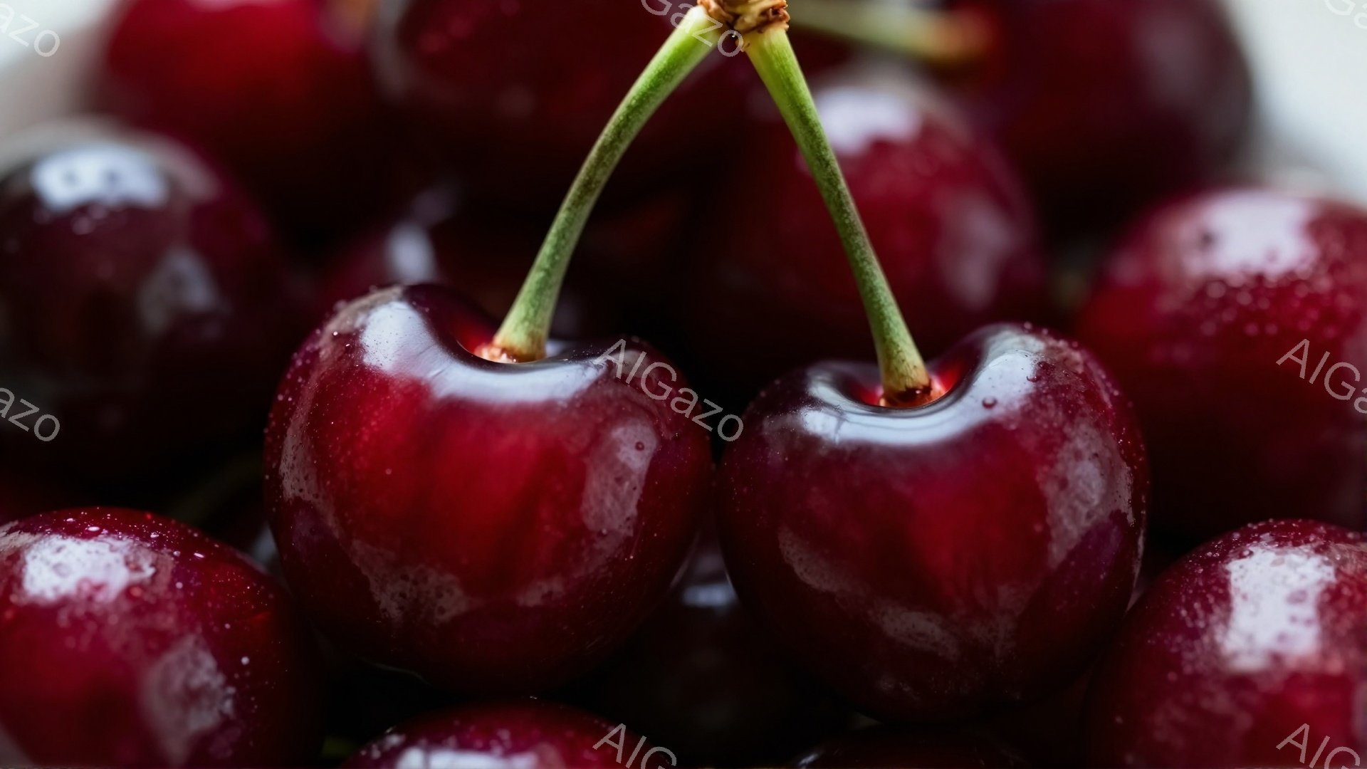 深紅色のチェリーが密集して写っており、水滴が表面に光っている。背景も同様にチェリーで埋め尽くされ、焦点が合っているのは中央付近の２つと、その周辺の数個のみである。全体的に豊潤で甘美な雰囲気が漂い、熟した果実の美味しさが伝わってくる。