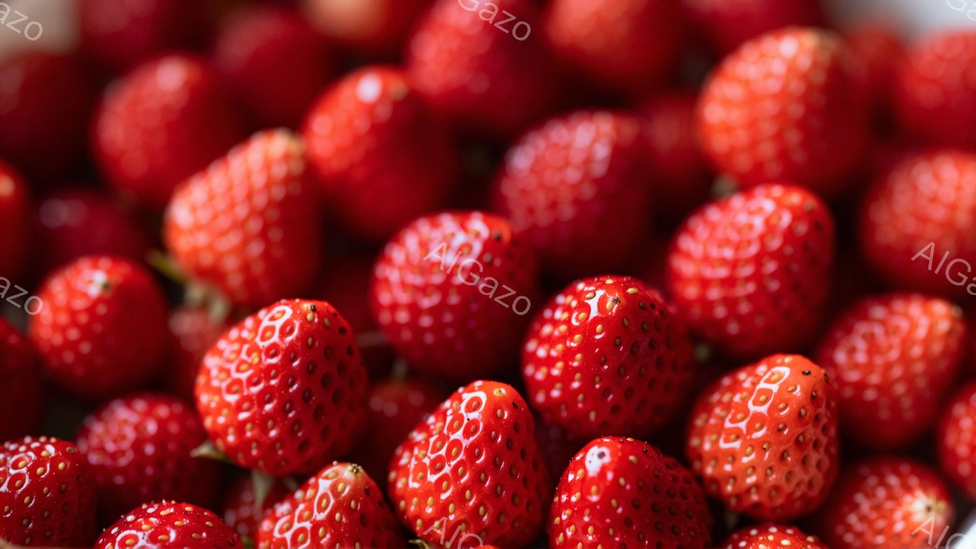 鮮やかな赤いイチゴが密集して写っており、表面には小さな種が散りばめられています。全体的に明るい照明で照らされ、瑞々しい果実の質感が強調されています。背景はぼかされており、イチゴそのものに焦点が当てられ - AI生成フリー素材