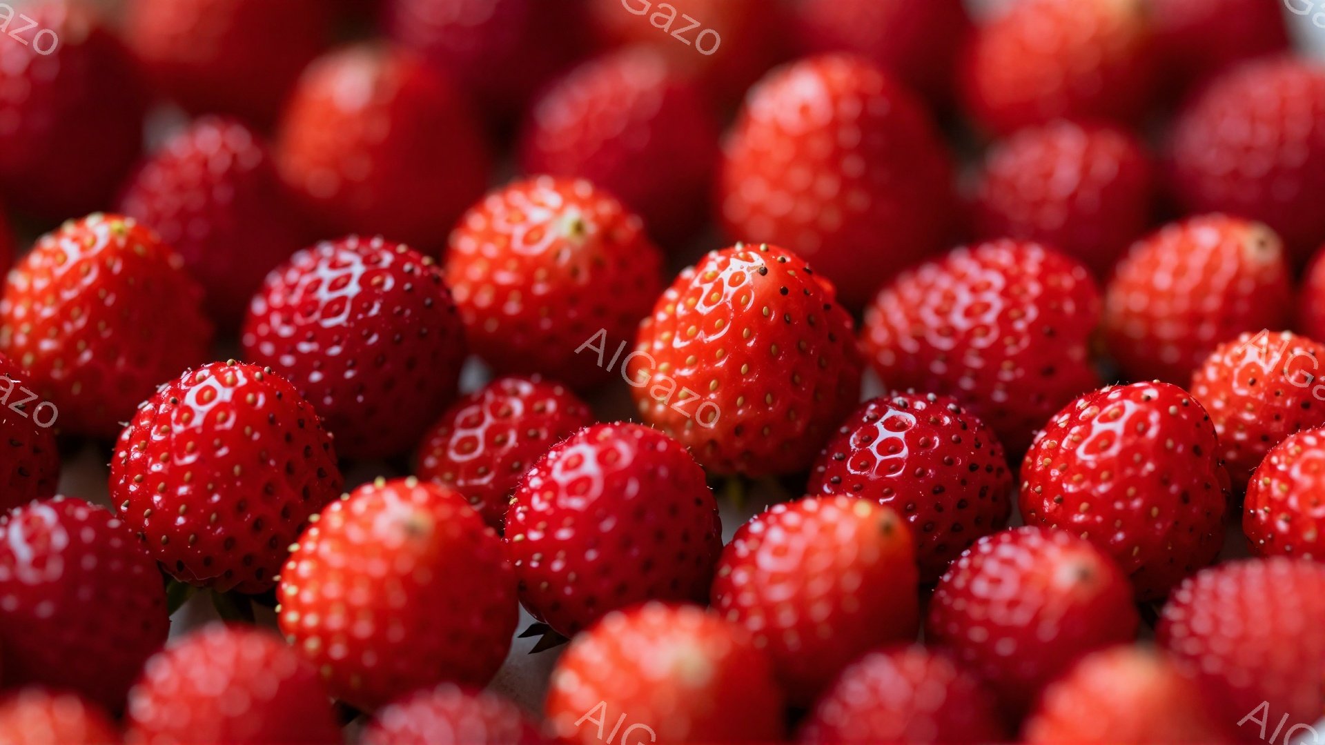 鮮やかな赤色のいちごが隙間なく並んでいます。一つ一つに種が点在し、みずみずしい質感と自然な光沢が特徴的です。全体的に暖かく、甘くジューシーな雰囲気が漂い、食欲をそそります。