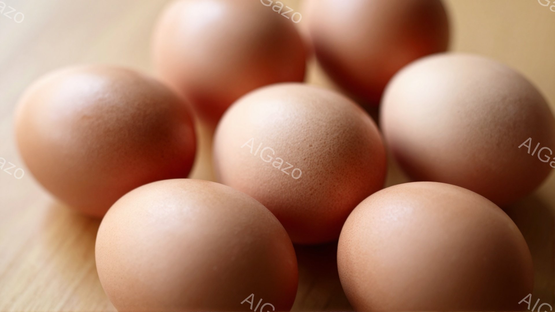 卵が木製のテーブルの上に無造作に置かれています。卵は淡い茶色をしており、表面はわずかにざらざらとした質感です。全体的に暖かく、素朴な雰囲気で、食卓を連想させます。 - AI生成フリー素材