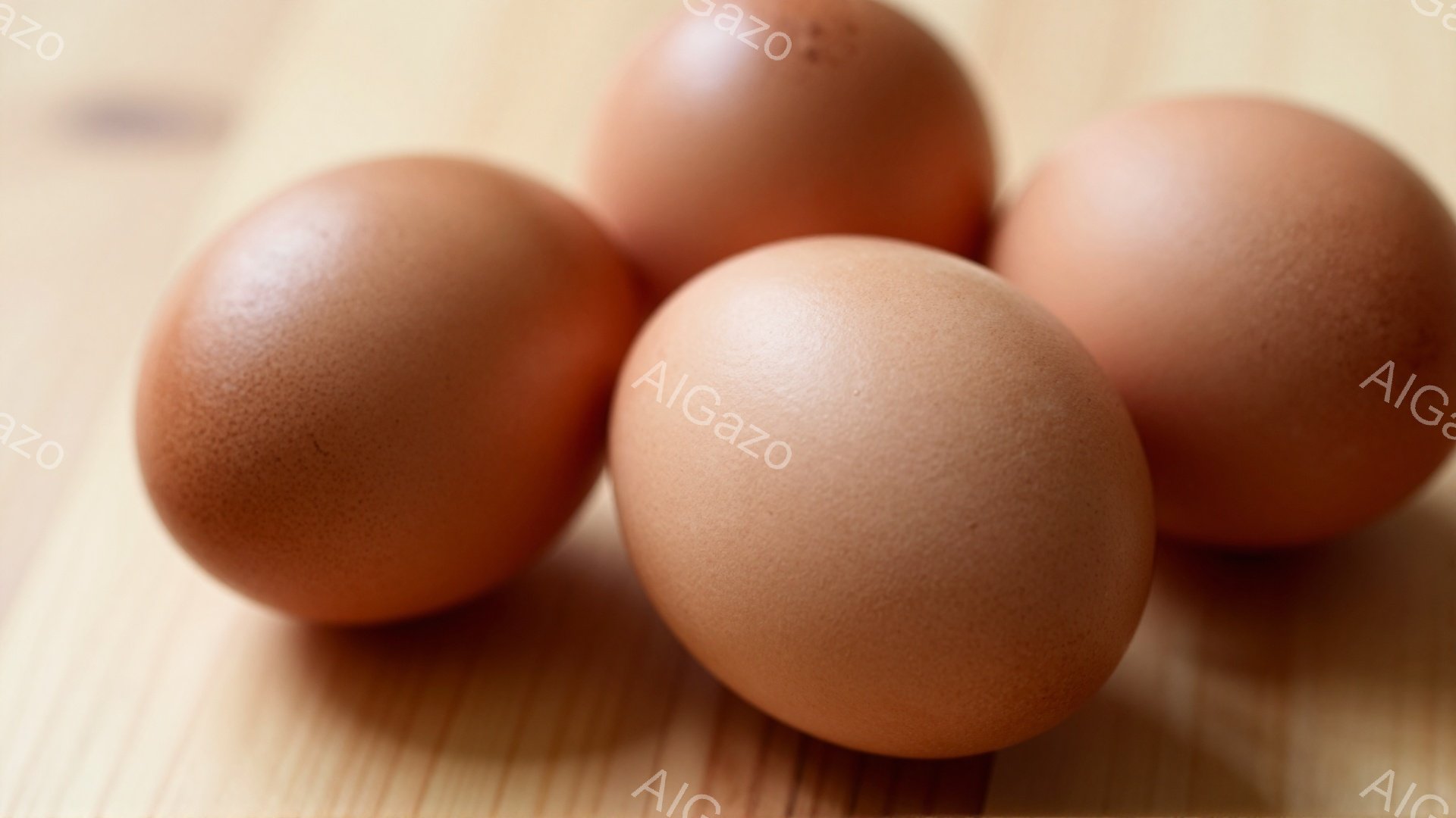 画像には、木製の板の上に置かれた茶色の卵が四つ写っている。卵はそれぞれ自然な色合いで、表面はわずかにざらざらとしている。背景は木製の板目が見えるシンプルなもので、全体的に暖かく、素朴な雰囲気である。 - AI生成フリー素材