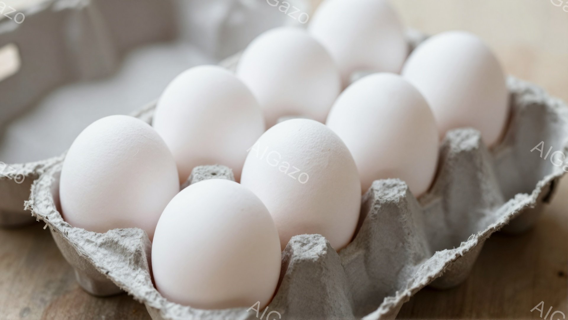白い卵が、使用済みの紙製卵パックに並べられています。卵は明るく、パックの灰色と対照的です。背景はぼやけた木製の表面で、全体的にシンプルな、食料品や朝食のイメージを喚起します。 - AI生成フリー素材