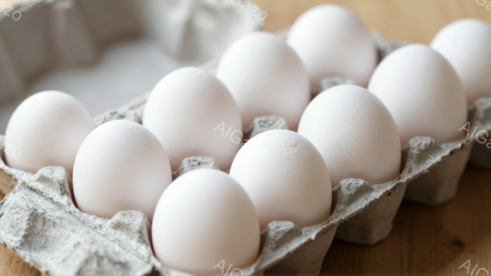 段ボールの卵パックの中に、白くてきれいな卵が10個並んでいます。卵は均一な形で、表面は滑らかに見えます。背景は木製のテーブルで、卵パックが暖かく自然な雰囲気を醸し出しています。 - AI生成フリー素材