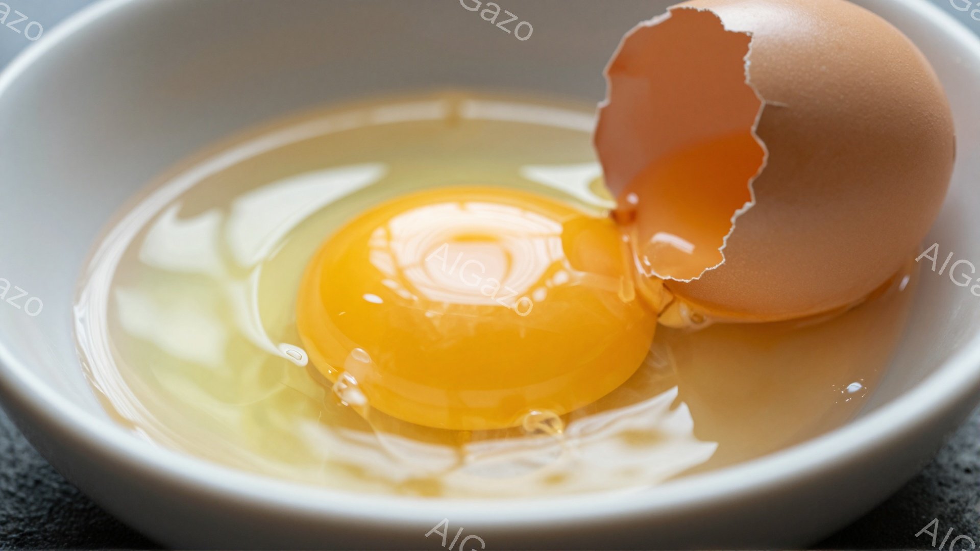 白いボウルの中に、割れた卵黄と白身が広がっている様子が捉えられています。卵黄は鮮やかな黄色をしており、白身は半透明で流動性があります。卵の殻の一部がボウル縁にかかっており、調理の過程や料理への始まりを示唆しています。