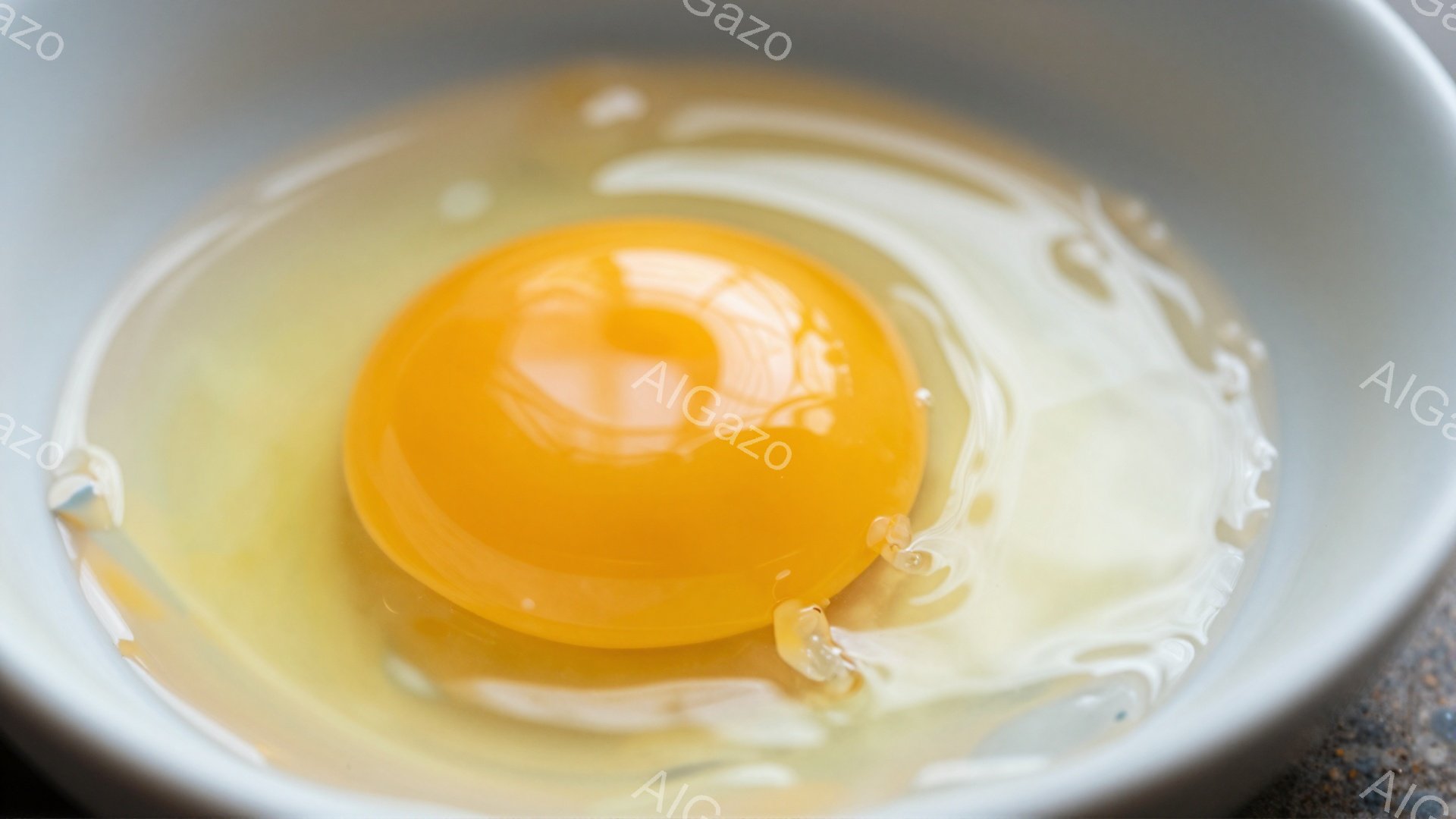 白い容器の中に、鮮やかな黄色の卵黄と透明な卵白が広がっている様子が捉えられています。卵白は容器の縁に沿って渦を巻いており、卵黄は丸みを帯びて中央に落ち着いています。全体的に清潔感があり、シンプルな料理 - AI生成フリー素材