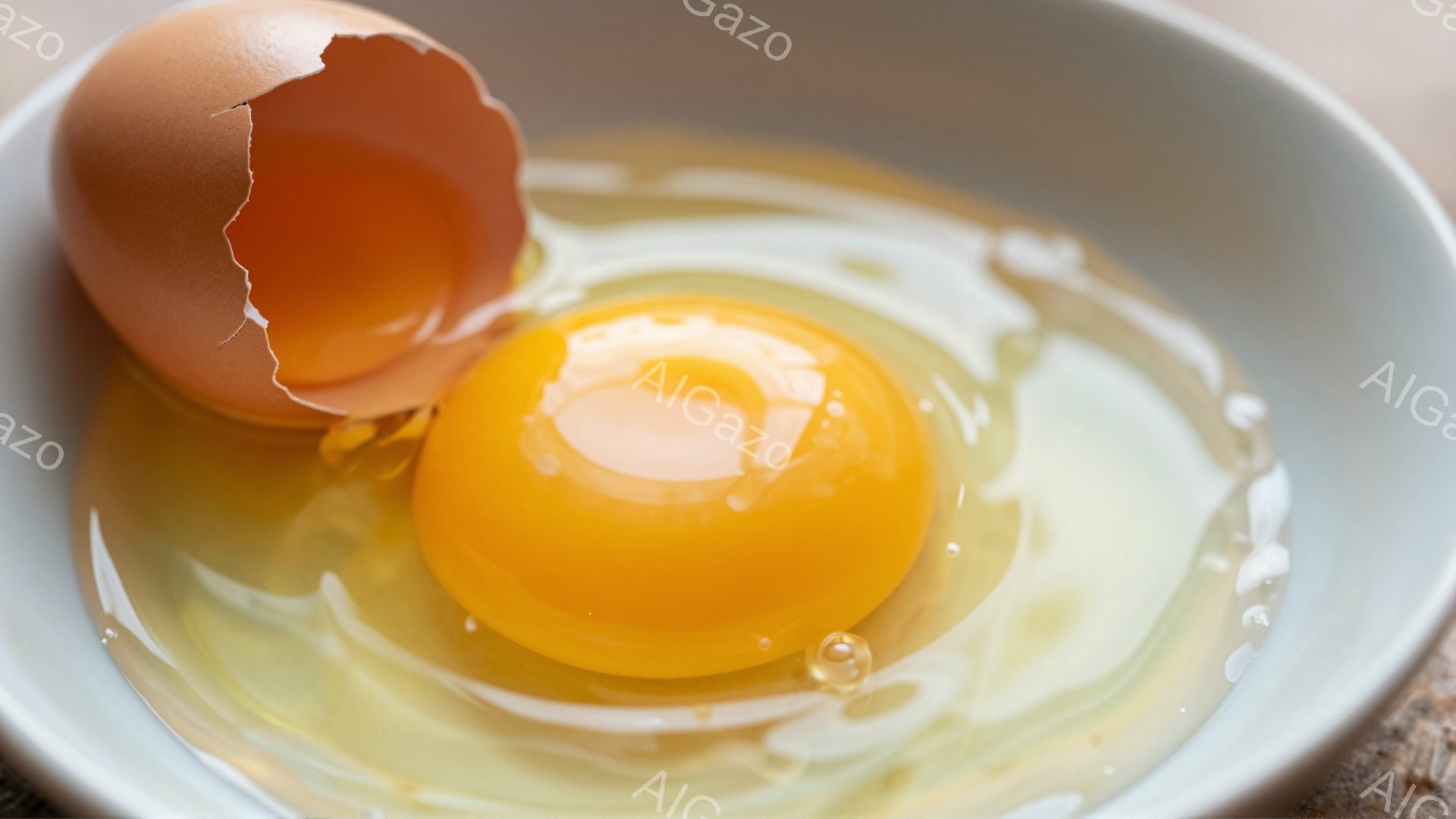 白いボウルの中に、割れた卵黄と白身が広がっている様子が捉えられています。卵黄は鮮やかな黄色で、つやがあり、白身は半透明で、卵の殻の破片が一つ、ボウルの縁に寄りかかっています。背景はぼやけており、光沢のあるテーブルトップの一部が見えます。