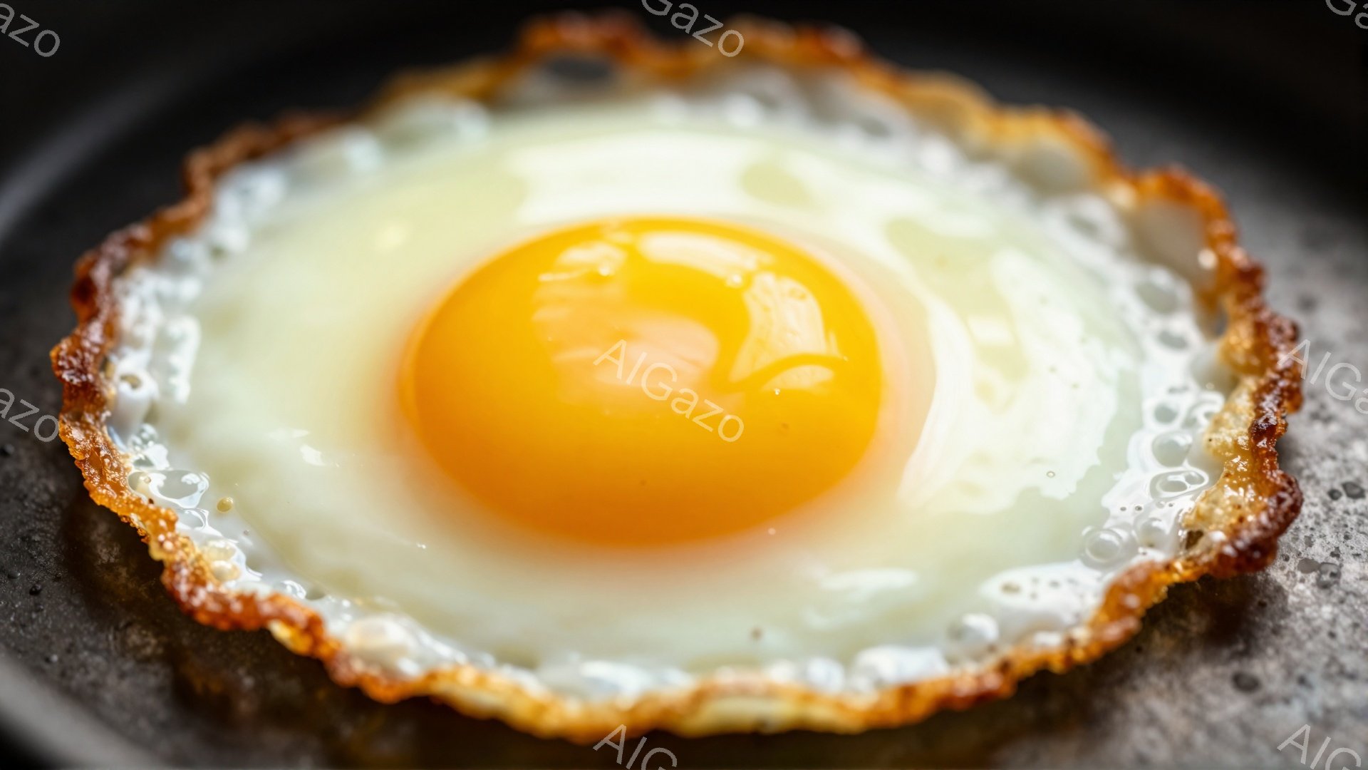 鉄板の上で調理された目玉焼きが写っている。黄身は鮮やかなオレンジ色で、白身はカリカリに焼き上げられ、縁の部分は茶色くなっている。シンプルながら食欲をそそる一枚で、朝食や軽食を連想させる。 - AI生成フリー素材