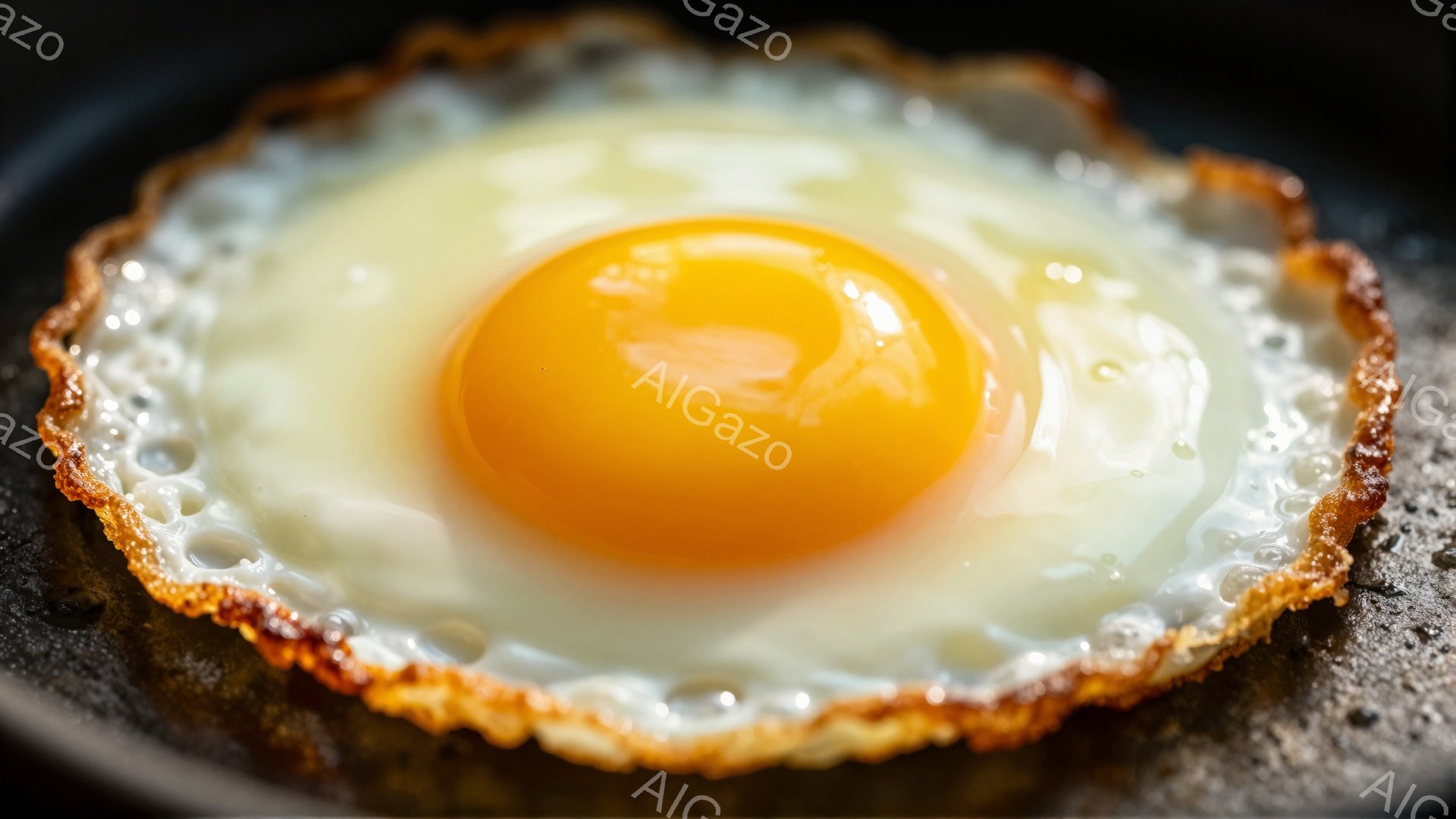 鉄板の上で調理された目玉焼きが写っている。黄身は鮮やかなオレンジ色で、白身はカリッとしており、縁の部分が少し焦げている。全体的にシンプルな構図で、調理されたばかりの温かい料理の雰囲気が伝わってくる。