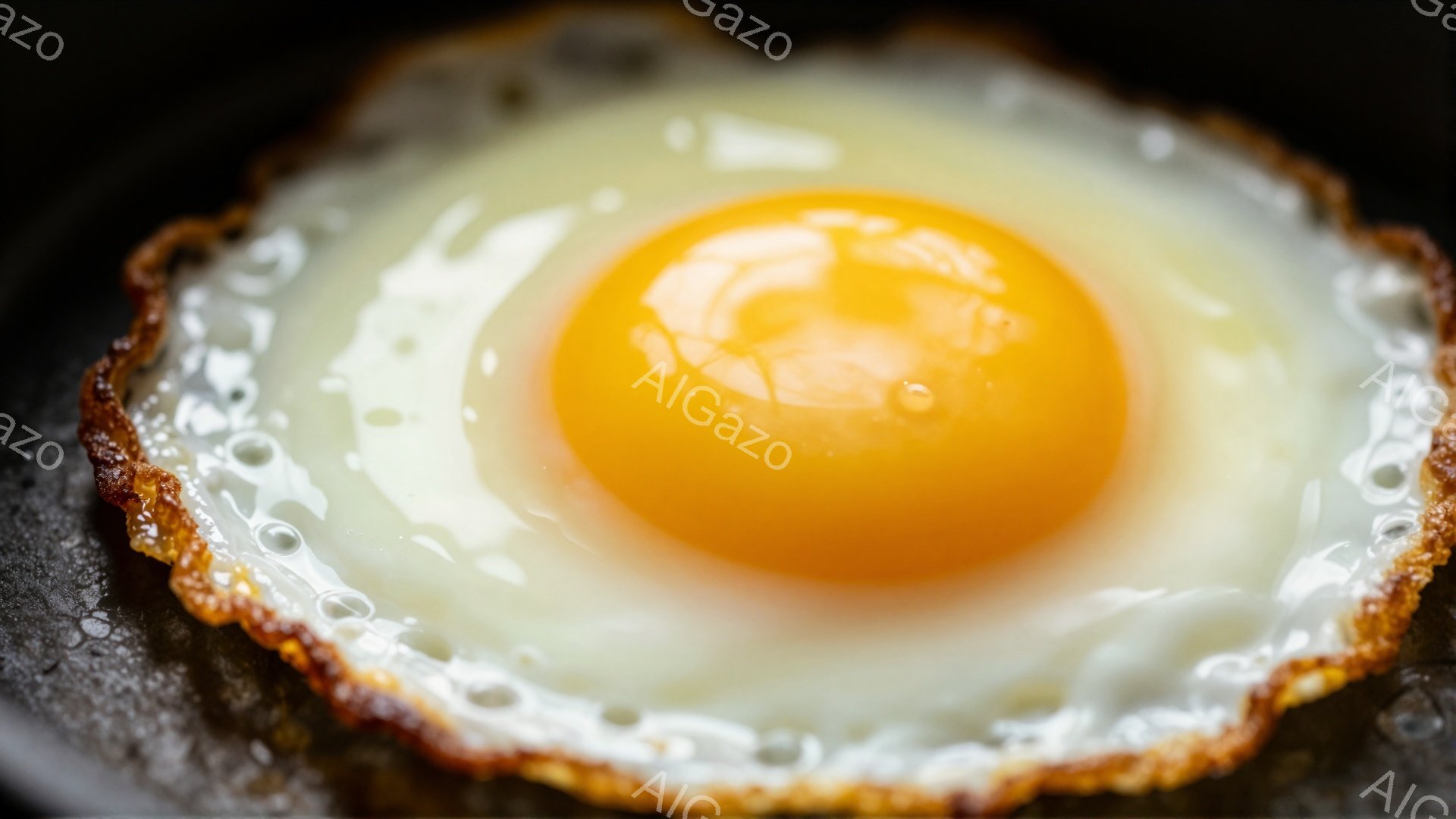 焦点はフライパンの中で調理中の目玉焼きに合わされています。卵黄は鮮やかなオレンジ色で丸く、白身は薄く広がって端がカリカリに焼けています。背景は暗くぼやけており、調理器具の金属の質感と卵の焼ける音が伝わってくるような温かい雰囲気を醸し出しています。