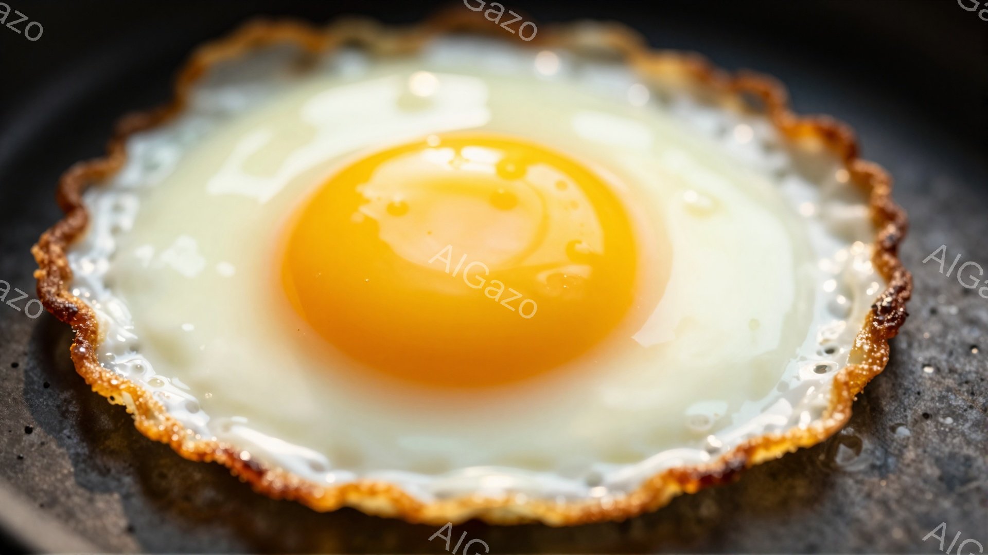 熱いフライパンの中で、目玉焼きが調理されている様子が写っている。黄身は鮮やかなオレンジ色で、白身はカリッとした縁を持つ。全体的に、シンプルながら食欲をそそる、料理の写真である。