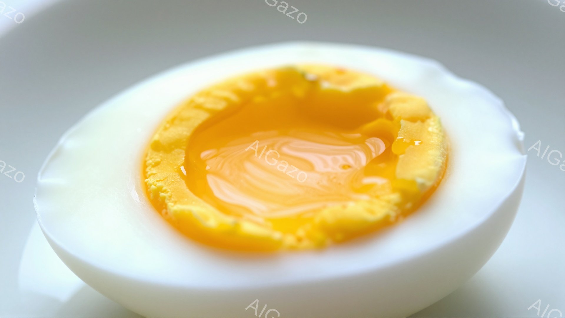 殻をむいたゆで卵の断面が写っている。黄身は鮮やかな黄色で、中心に向かって濃くなり、白身は白く、なめらかで、黄身を囲んでいる。背景は白く、卵の鮮やかな色が際立っている。