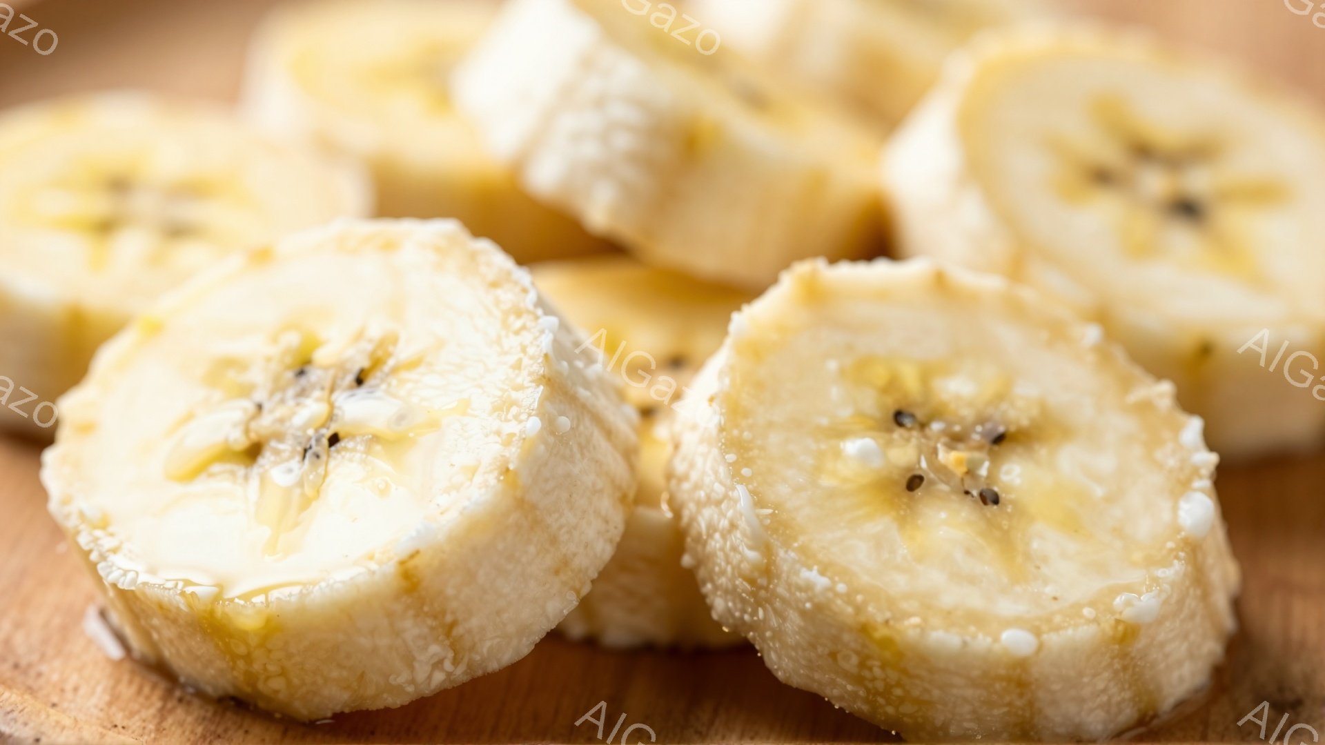 バナナのスライスが木製の板の上に散らばって配置されています。スライスの断面は黄色で、小さな黒い種が見え、表面には水滴が付いており、新鮮さを強調しています。全体的に、明るく自然な雰囲気で、美味しさを感じ - AI生成フリー素材