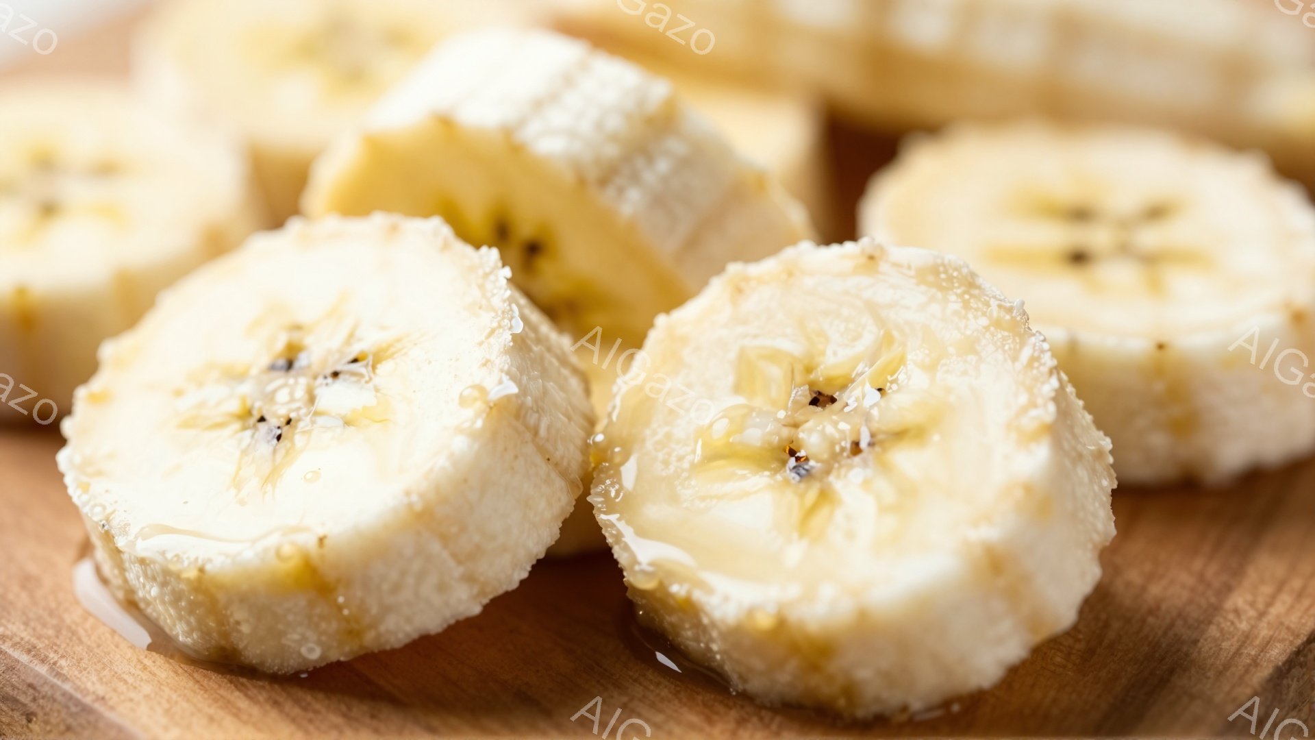 画像には、薄切りにしたバナナが木製の板の上に並べられています。バナナは熟れており、黄色い果肉と黒い種が見えます。全体的に、シンプルで健康的な印象を与え、新鮮なフルーツの美味しさを際立たせています。