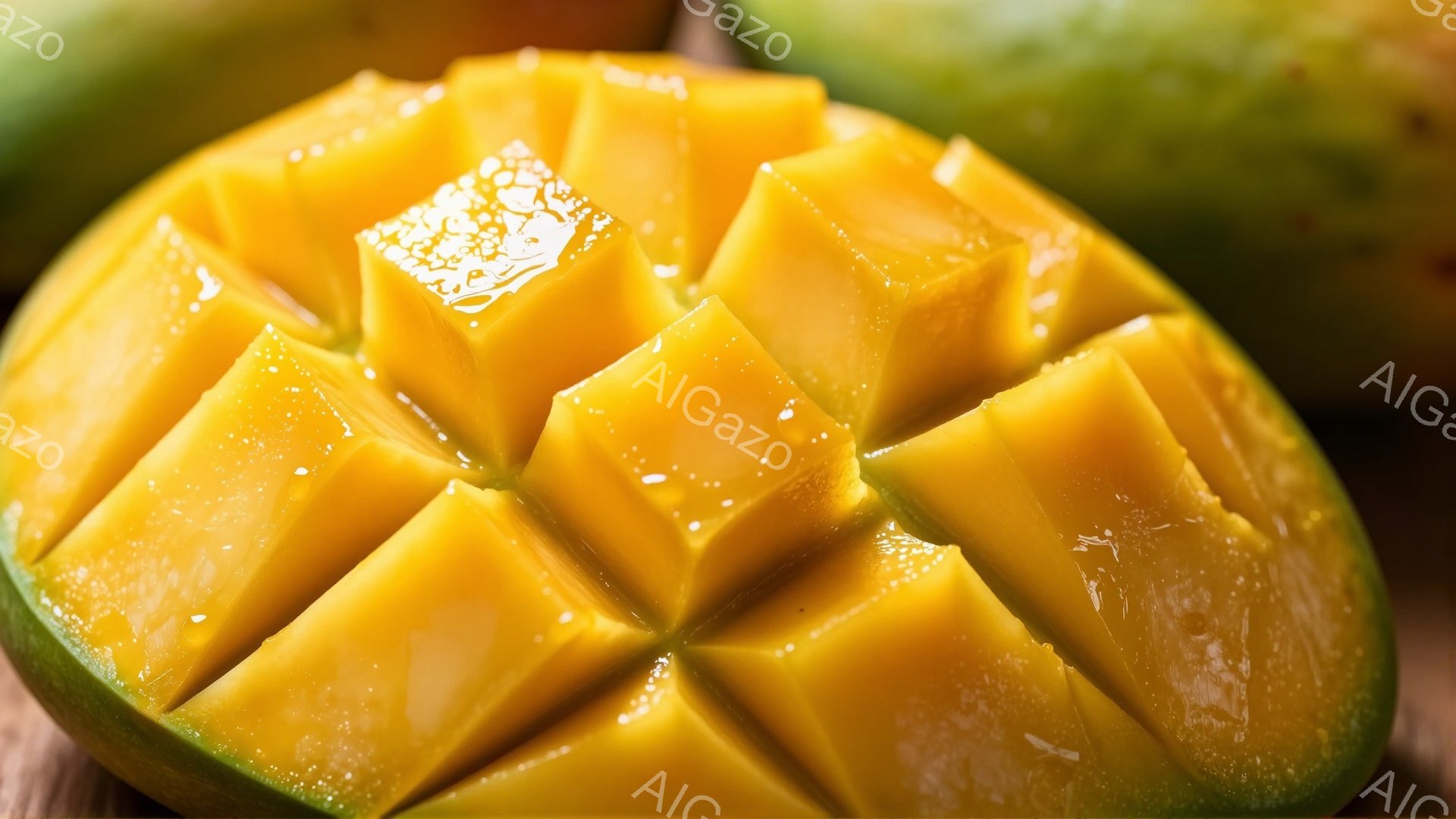 熟したマンゴーが格子状にカットされ、鮮やかなオレンジ色と黄色が目に飛び込んできます。果肉はみずみずしく、表面には光沢があり、美味しさを強調しています。背景は木製の板で、温かみのある雰囲気を醸し出してい - AI生成フリー素材