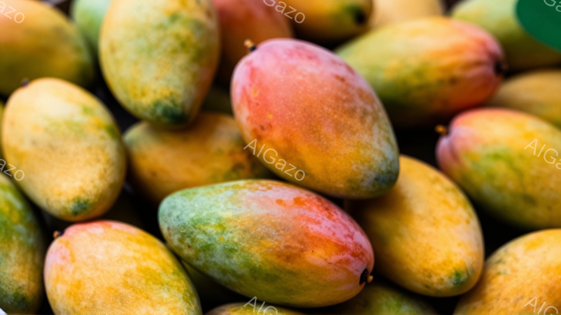 鮮やかなマンゴーが大量に積み重ねられています。マンゴーは緑色から黄色、そして赤みがかったオレンジ色まで、さまざまな色合いを見せ、熟した甘い香りが想像できます。全体的に暖かく、トロピカルな雰囲気が漂う画像です。