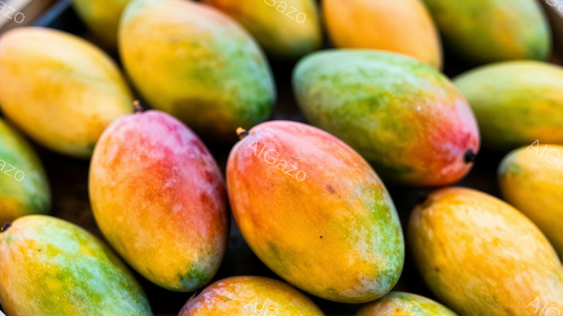 鮮やかなマンゴーが密集して写っており、赤、オレンジ、黄色のグラデーションが美しいです。果実は丸みを帯びており、つややかな表面が食欲をそそります。背景はぼやけており、マンゴーそのものを際立たせています。