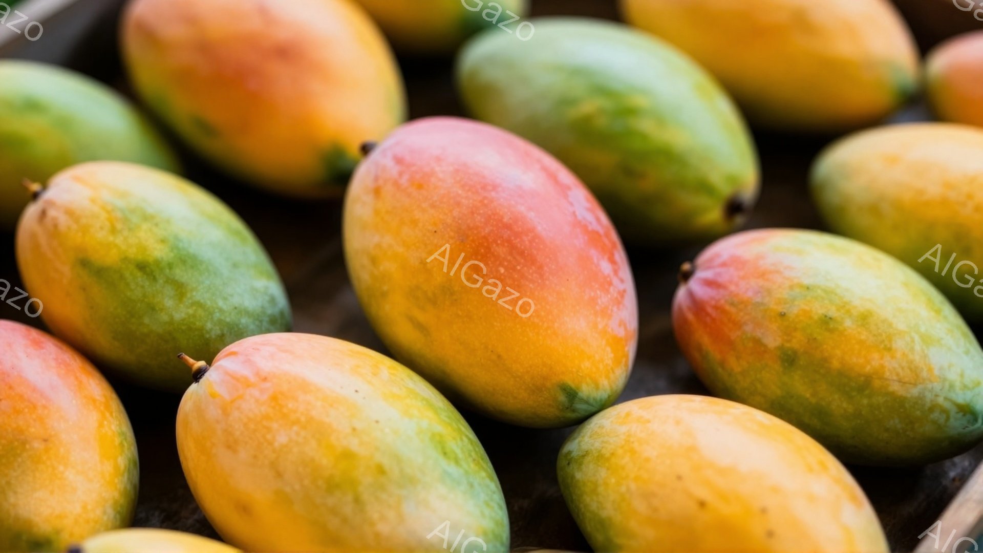画像には、鮮やかな色のマンゴーが多数並んでいます。赤、オレンジ、黄色、緑が混ざり合い、熟したマンゴーの瑞々しさを表現しています。マンゴーは木製の箱の中に置かれており、全体的に暖かく、活気のある雰囲気を醸し出しています。