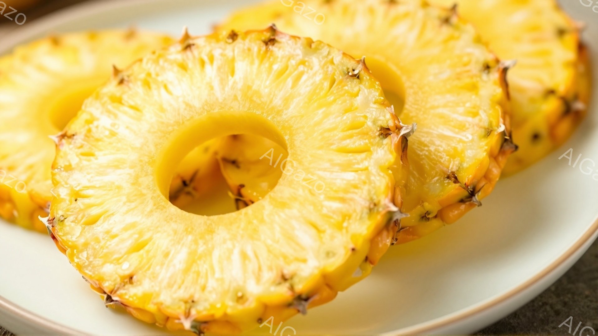 鮮やかな黄色いパイナップルの輪切りが3枚、白い皿の上に積み重ねられています。果肉はジューシーで、表面には特徴的な棘模様が見られます。背景はぼかされており、皿の縁がわずかに見え、全体的に明るく食欲をそそる雰囲気です。