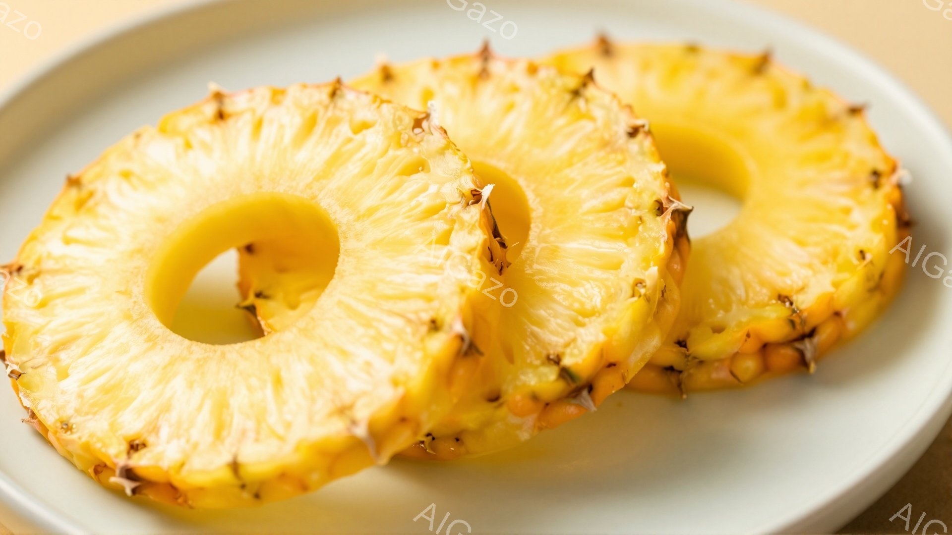 パイナップルの輪切りが３枚、白っぽい皿の上に並べられています。果肉は鮮やかな黄色で、中心には円形の空洞があり、表面にはパイナップルの特徴的な模様が確認できます。全体的に明るい雰囲気で、美味しそうなパイナップルが印象的です。