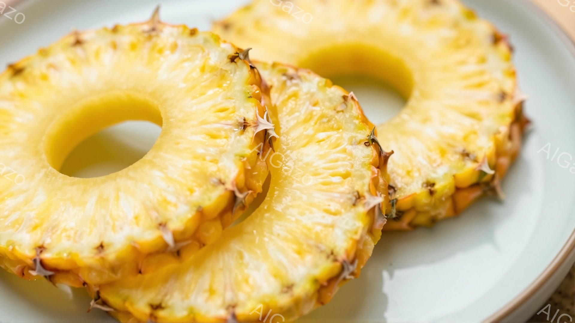 画像には、切り分けられたパイナップルの輪切りが2つ、浅い灰色の皿の上に置かれています。パイナップルの果肉は鮮やかな黄色で、繊維質の模様がはっきりと見え、縁の部分は少し茶色っぽくなっています。背景はぼやけていますが、皿が置かれているテーブルの一部が見え、全体的に明るく自然な雰囲気です。