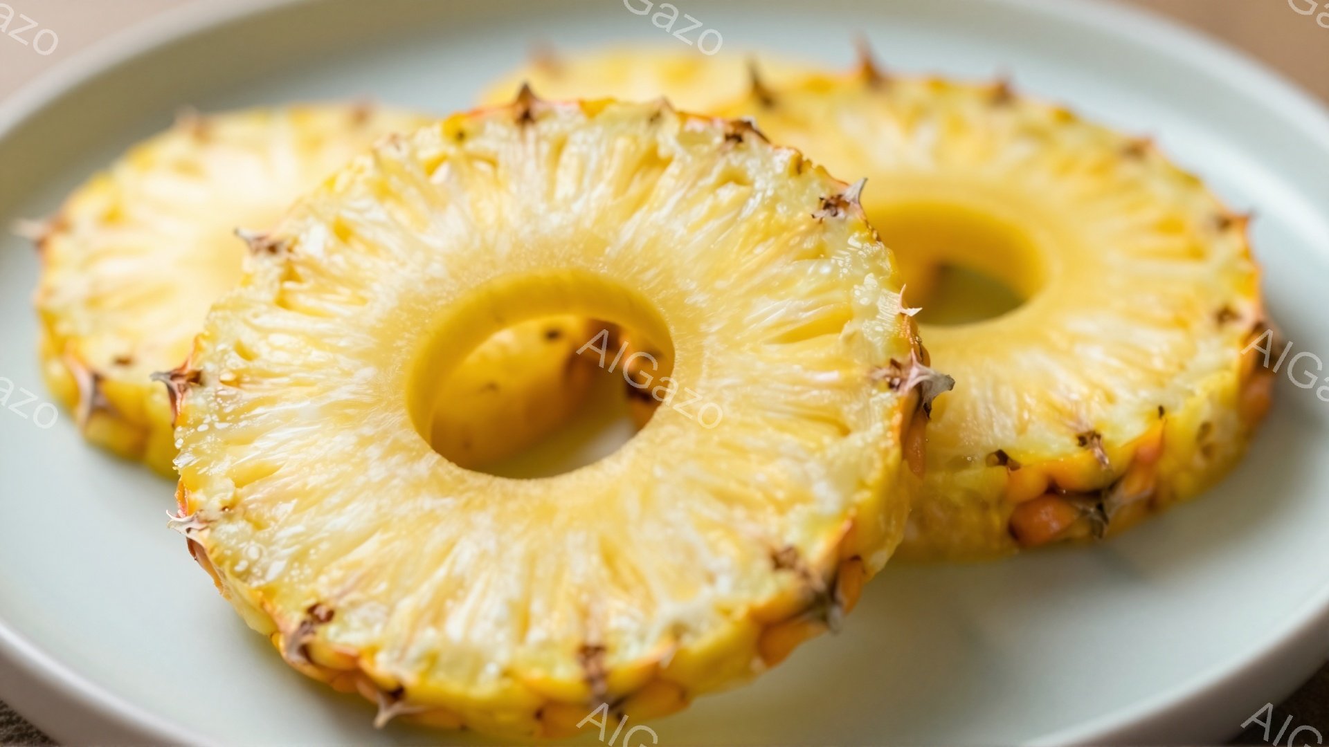 薄い水色の皿の上に、切り分けたパイナップルの輪切りが二つ並んでいます。パイナップルは黄色と茶色のまだらが混ざり、中心には円形の空洞があります。全体的に明るく、トロピカルな雰囲気を感じさせる一枚です。