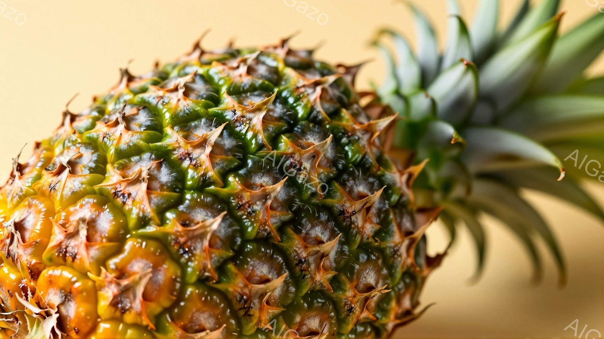 鮮やかな黄色と緑色が混ざり合ったパイナップルのクローズアップ写真です。表面は硬い鱗のような突起で覆われ、自然のテクスチャが強調されています。背景は淡い黄色で、パイナップルの色がより引き立ち、全体的に温かくトロピカルな雰囲気です。