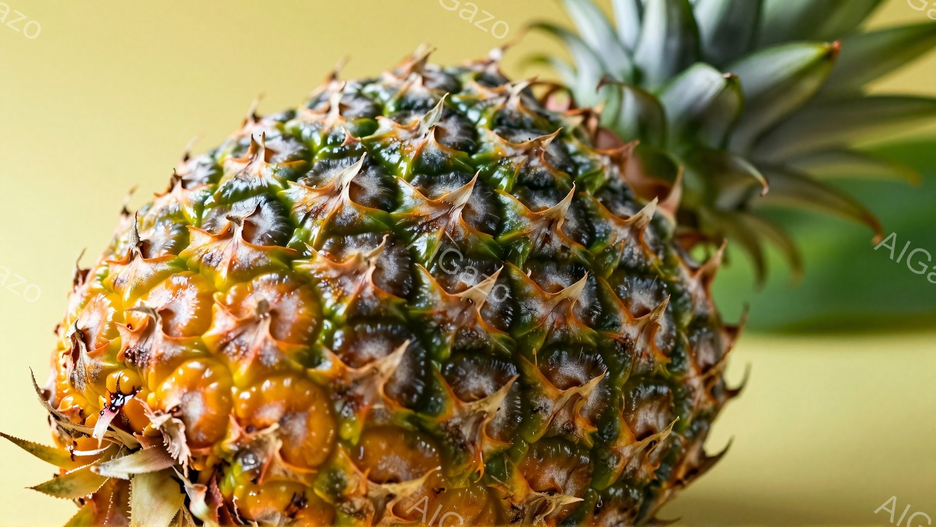 この画像は、鮮やかな黄色と緑色のパイナップルのクローズアップです。パイナップルの表面は、硬くて尖った鱗状の模様で覆われており、葉の一部がわずかに見えています。背景は均一な黄色で、パイナップルが際立って見えます。