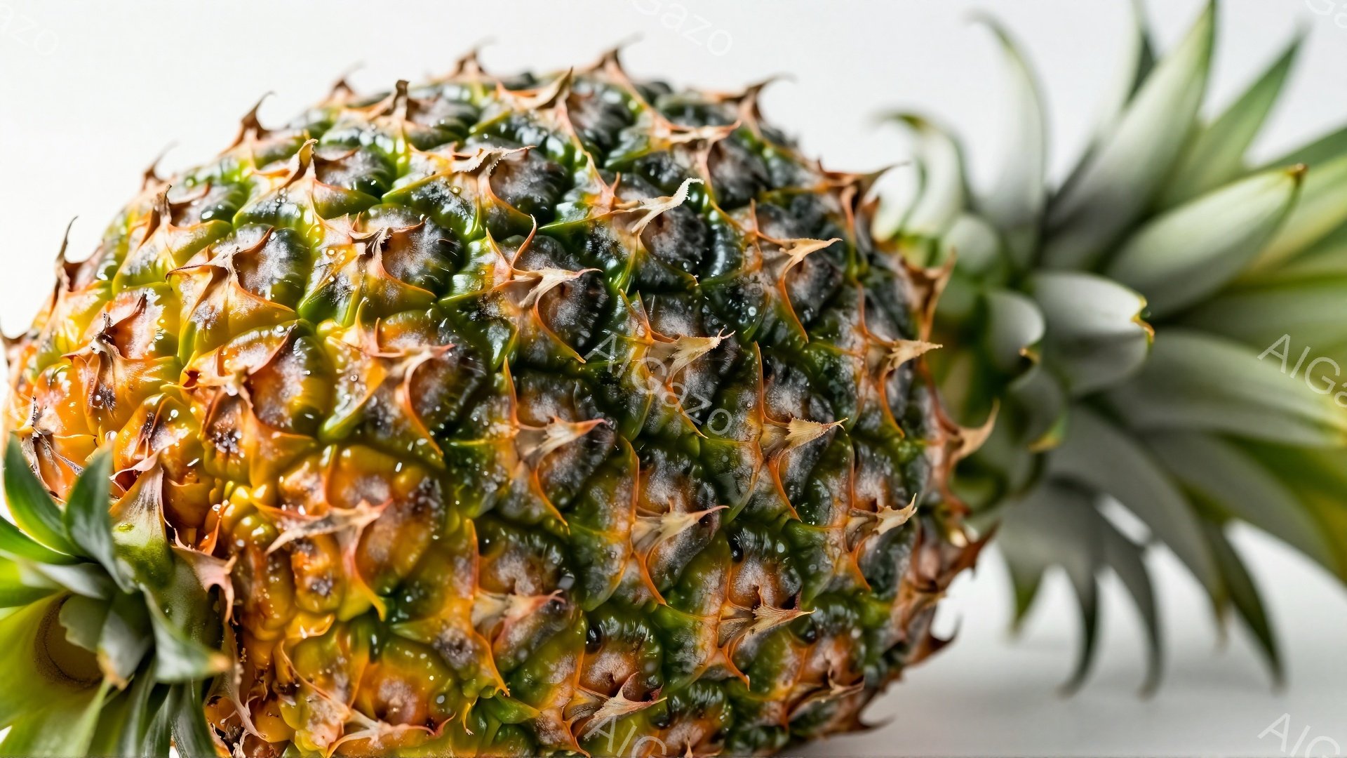 この画像は、熟したパイナップルのクローズアップです。果皮は黄色と緑が混ざり合い、独特の鱗のような模様が特徴的で、水滴が光を反射しています。背景は白く、パイナップルの鮮やかな色が際立っています。