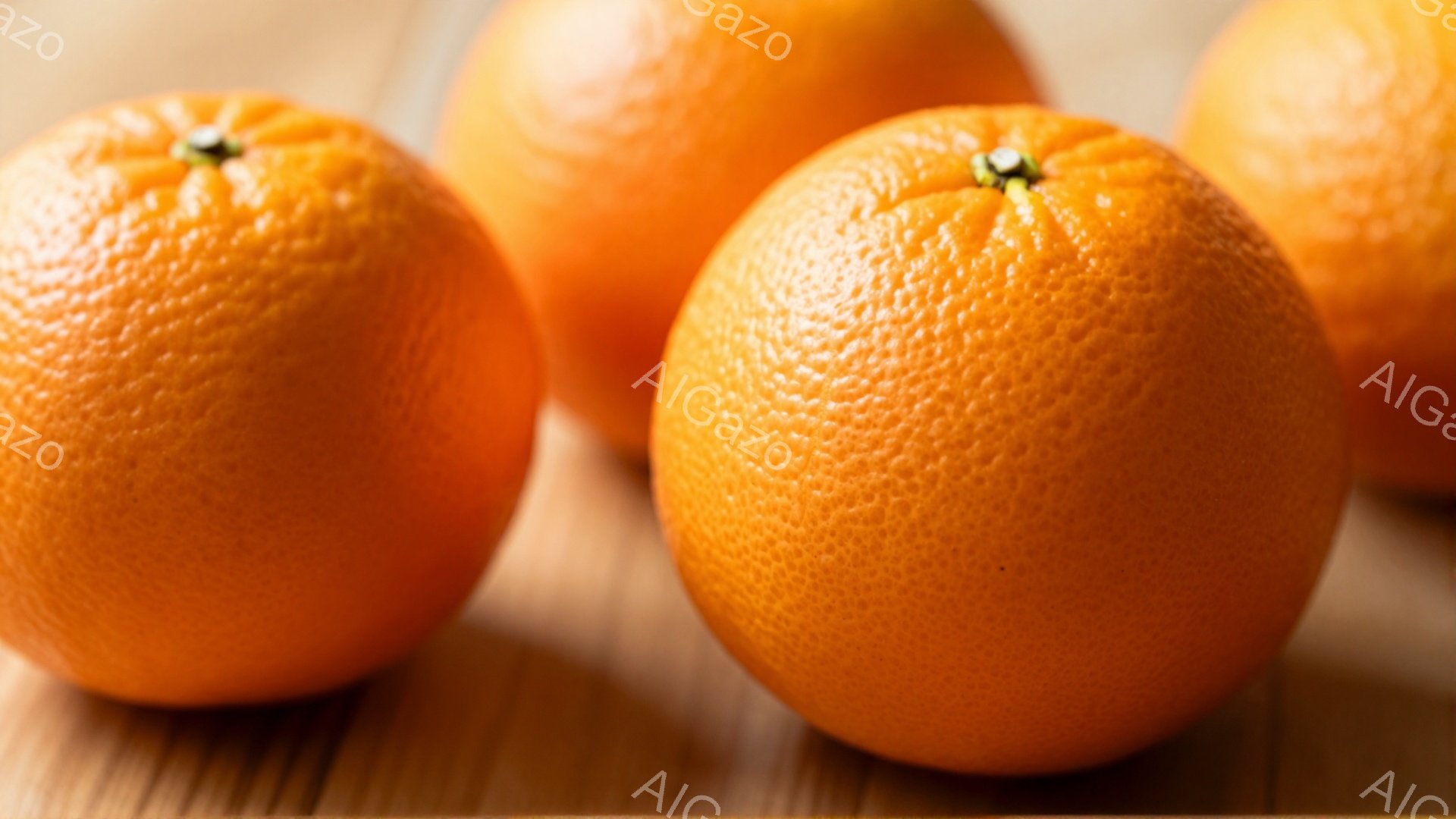 鮮やかなオレンジが4つ、木製のテーブルの上に並んでいます。それぞれのオレンジは表面に細かい凹凸があり、自然な質感が表現されています。背景はぼかされており、オレンジが際立って見えます。 - AI生成フリー素材