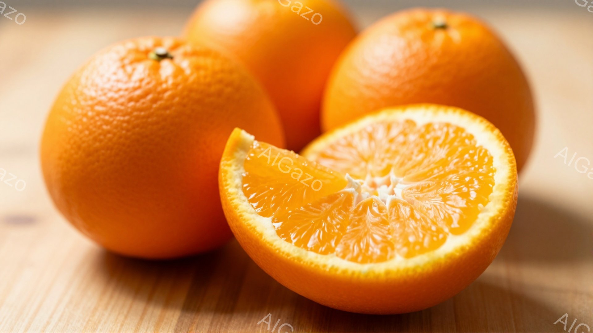 画像には、木製のテーブルの上に3つのオレンジが並んでいます。そのうち1つは半分にカットされており、果肉の鮮やかなオレンジ色が目に飛び込んできます。全体的に暖かく、フレッシュな雰囲気が漂う、シンプルな静 - AI生成フリー素材