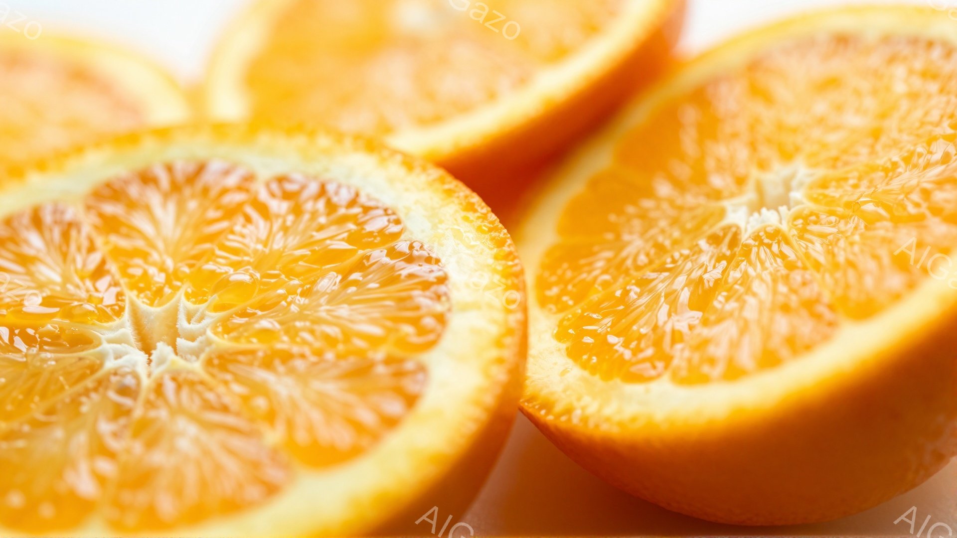 画像は、鮮やかなオレンジのスライスがいくつか並んだクローズアップ写真です。果肉はジューシーで、水分に満ち溢れており、オレンジの香りが漂ってくるようです。背景はぼやけており、オレンジの鮮やかな色が際立っ - AI生成フリー素材