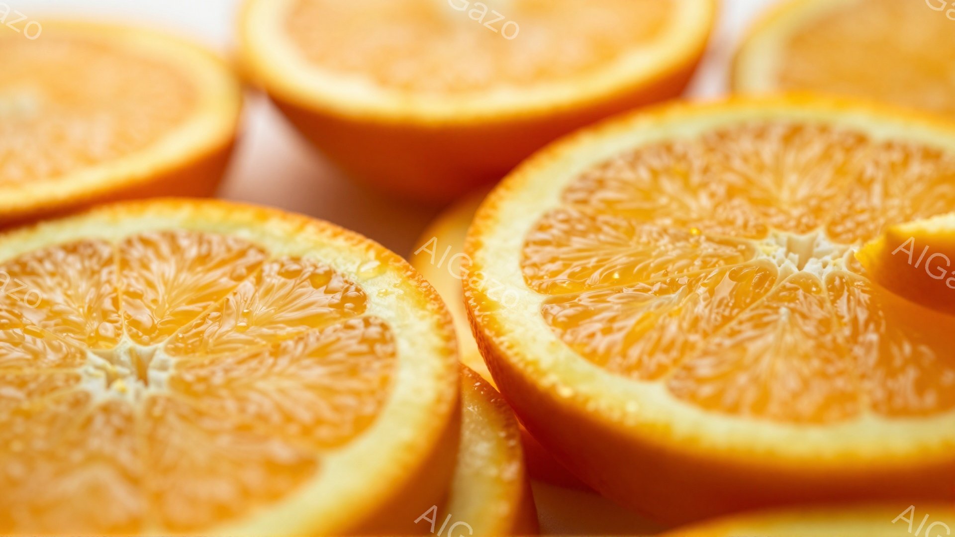画像には、鮮やかなオレンジのスライスが並んでいます。果肉のジューシーな質感が強調されており、水分滴がわずかに見られます。全体的に明るく、爽やかな印象を与えます。 - AI生成フリー素材