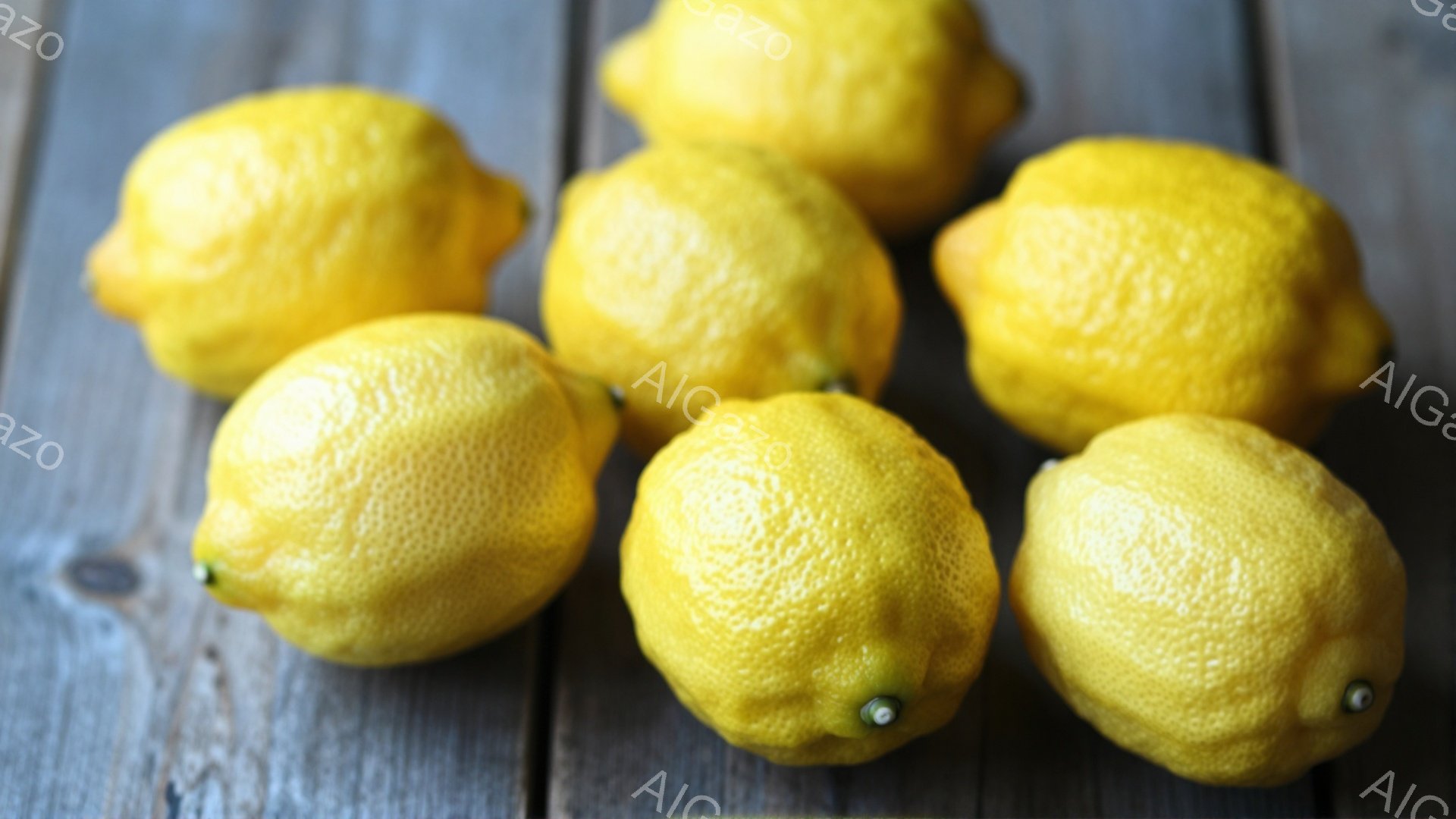 画像には、木製の板の上に置かれた複数の黄色いレモンが写っています。レモンはそれぞれ形が少しずつ異なり、表面には小さな凹凸が見られます。全体的に明るく、爽やかな印象を与える構図です。