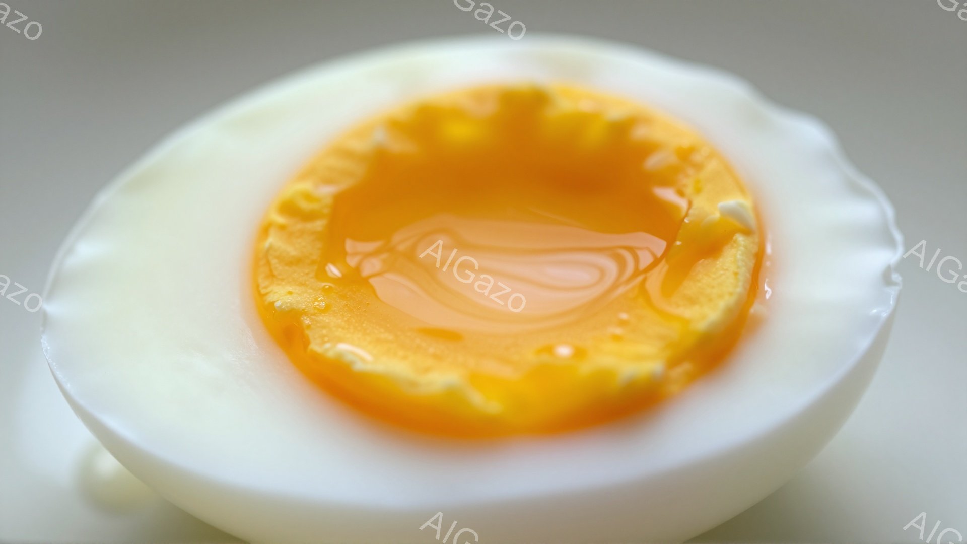 殻が剥かれたゆで卵の断面が写っている。黄身は鮮やかなオレンジ色で、中心に向かって濃くなっている。白身は滑らかで、わずかに不規則な形をしており、シンプルな背景に配置されている。