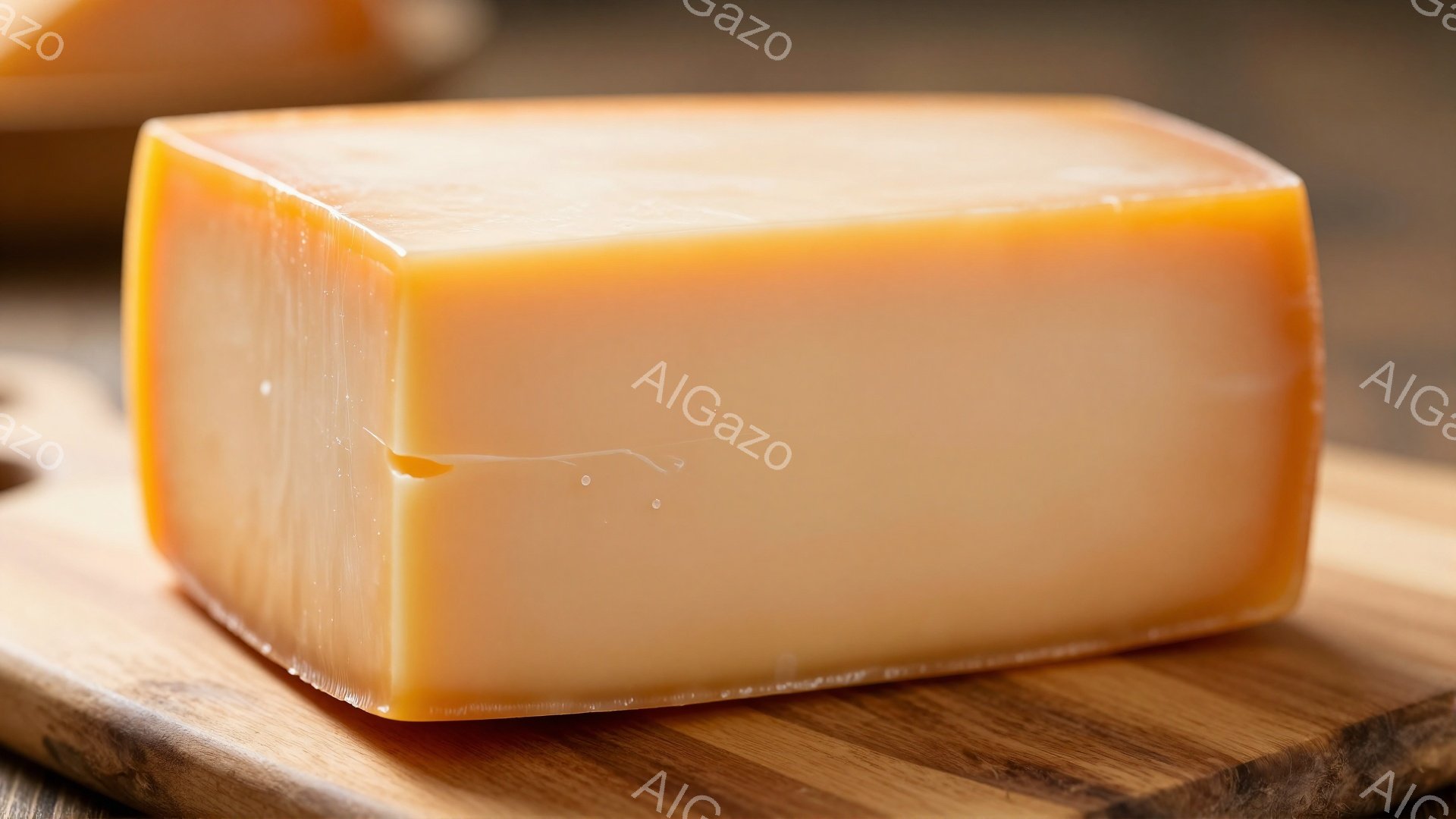 画像は、木製の板の上に置かれた、オレンジ色のチーズの塊を捉えています。チーズは滑らかで光沢があり、わずかにひび割れている部分もあります。背景はぼやけていますが、他のチーズの塊と木目の板が確認できます。