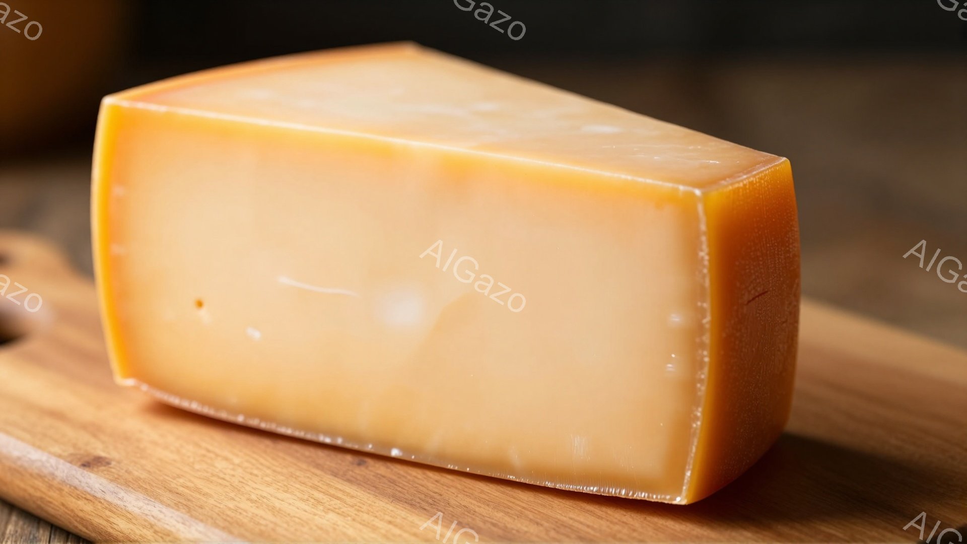 鮮やかなオレンジ色のチーズが木製の板の上に置かれています。チーズは少し角度がついており、表面は滑らかで光沢があります。背景は暗く、チーズが際立っており、食欲をそそる雰囲気です。 - AI生成フリー素材