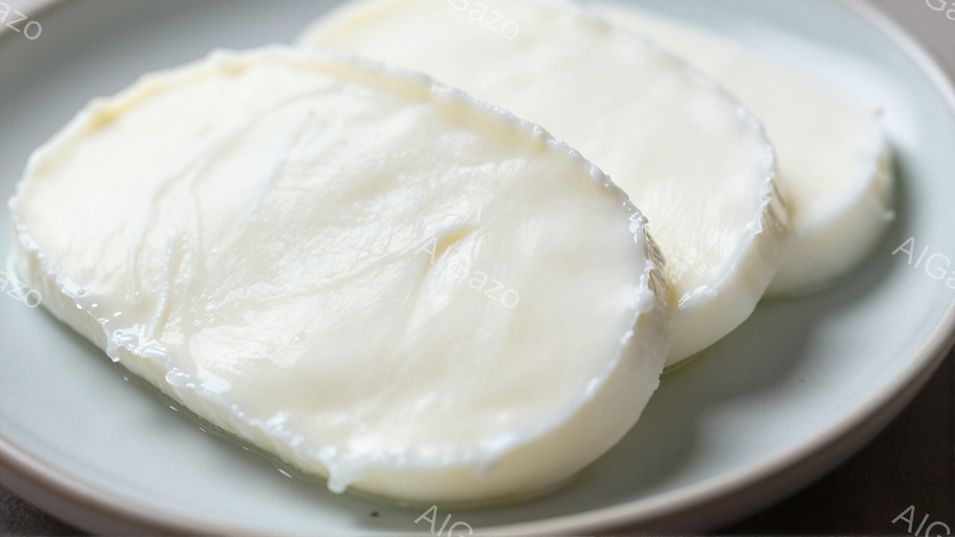 白いお皿の上に、とろりとした白い塊が二つ並んでいます。表面は滑らかで光沢があり、わずかにシワが寄っていることから、柔らかいチーズやカスタードのようなものが推測されます。背景は淡いグレーで、料理に集中したシンプルな構図です。