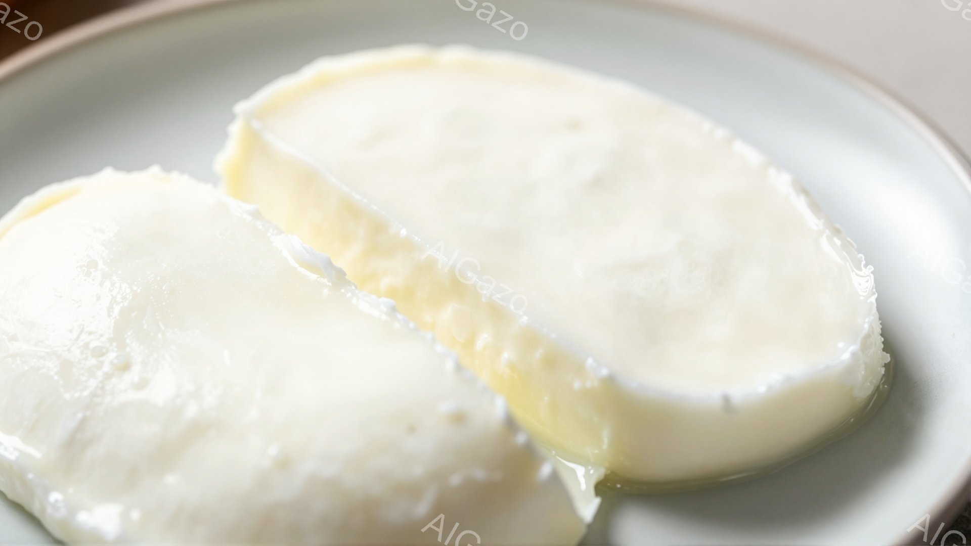 白い円盤状の食品が2つ、薄いグレーの皿の上に並んでいます。それぞれの食品は断面が見え、内部がわずかに黄色がかっており、柔らかい食感を想像させます。背景はぼやけており、皿と食品に焦点が当たっており、シン - AI生成フリー素材